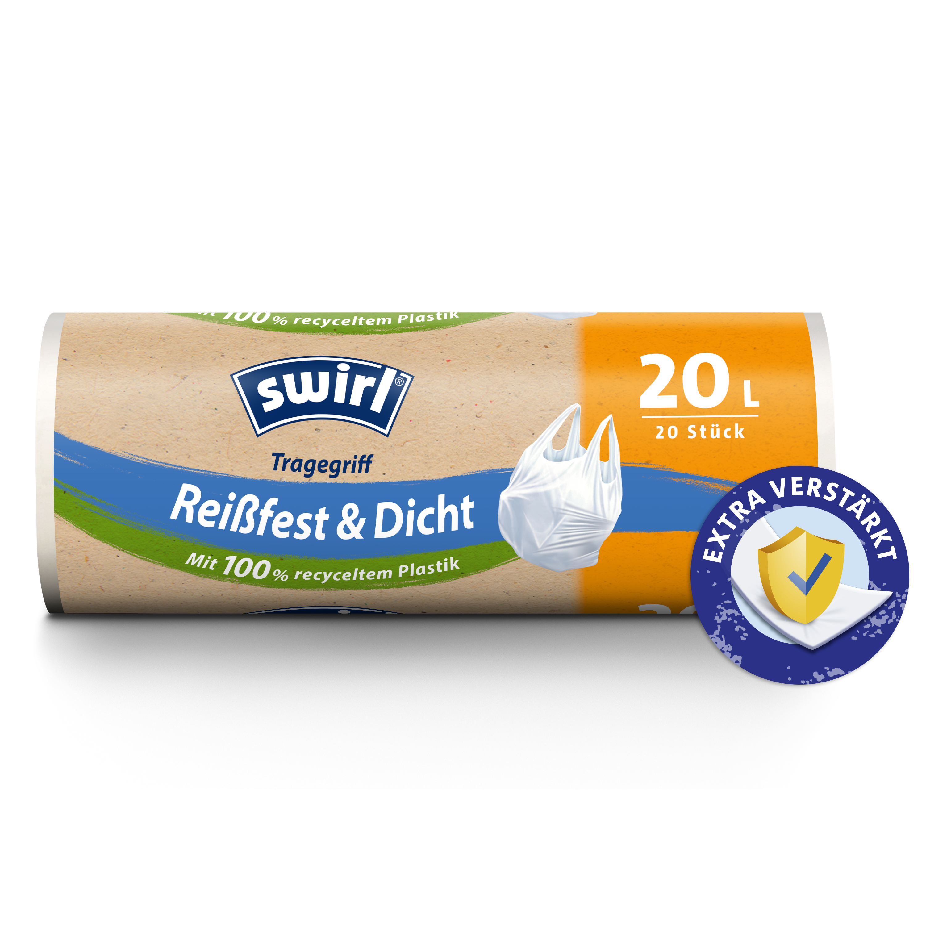 Swirl reißfest und dicht Tragegriff-Müllbeutel Verpackung Vorderseite - 20 Liter, 15 Stück