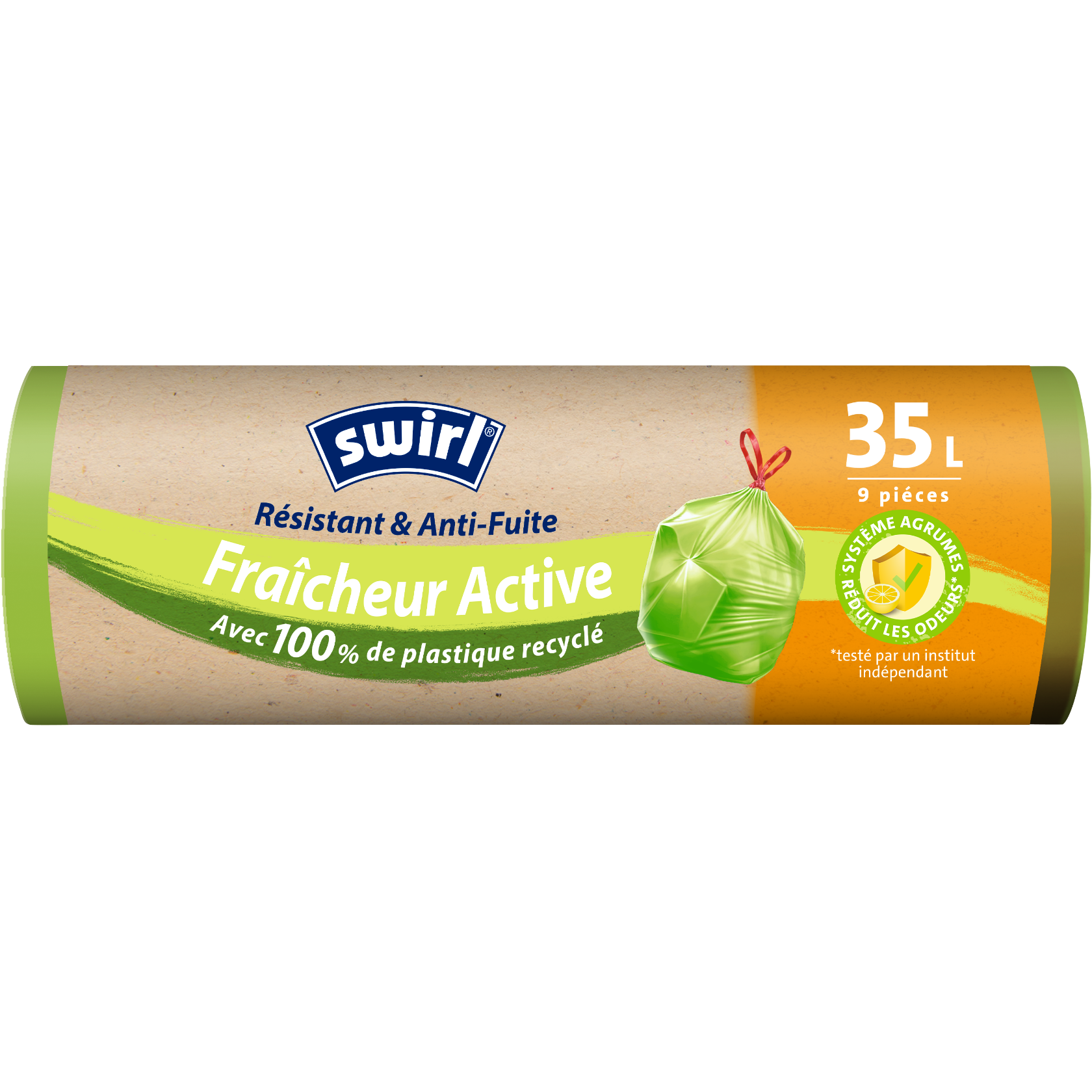  Rouleau de sacs poubelle Swirl fraîcheur active, capacité 35 L, 9 pièces, fabriqués avec 100 % de plastique recyclé.