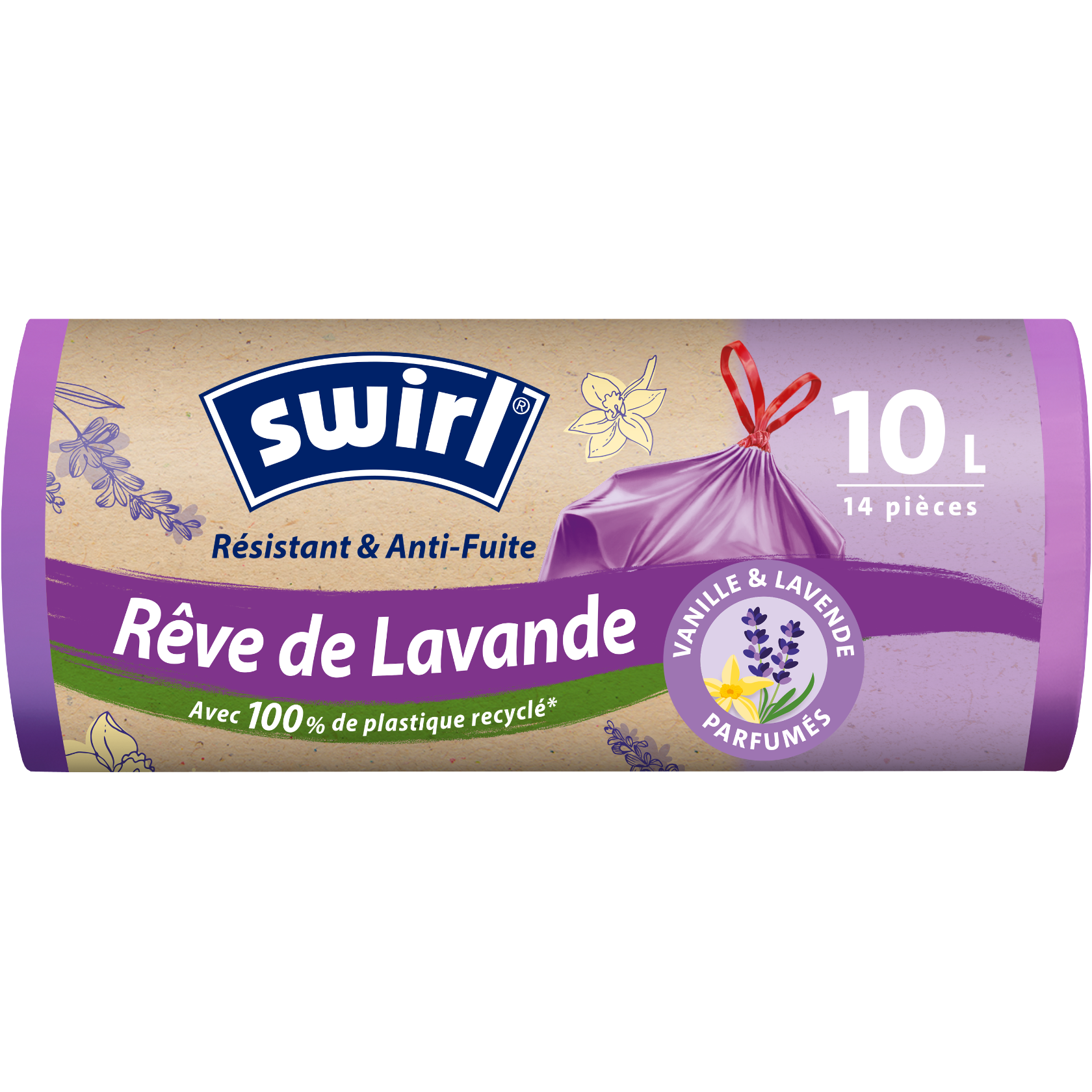 Rouleau de sacs poubelle Swirl parfumés 10L, résistants et anti‑fuite, fabriqués à partir de 100 % de plastique recyclé.