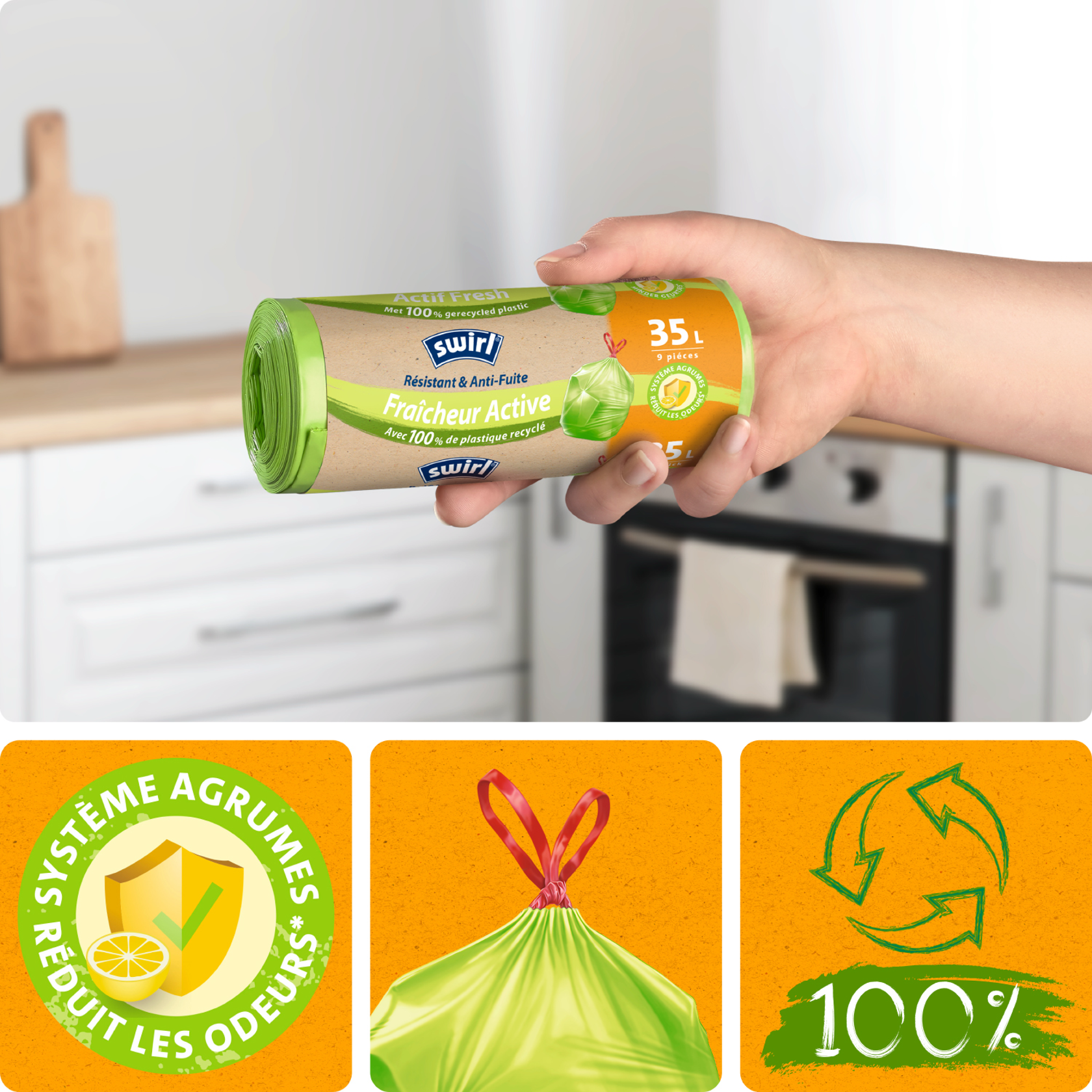  Rouleau de sacs poubelle Swirl fraîcheur active, capacité 35 L, 9 pièces, fabriqués avec 100 % de plastique recyclé.