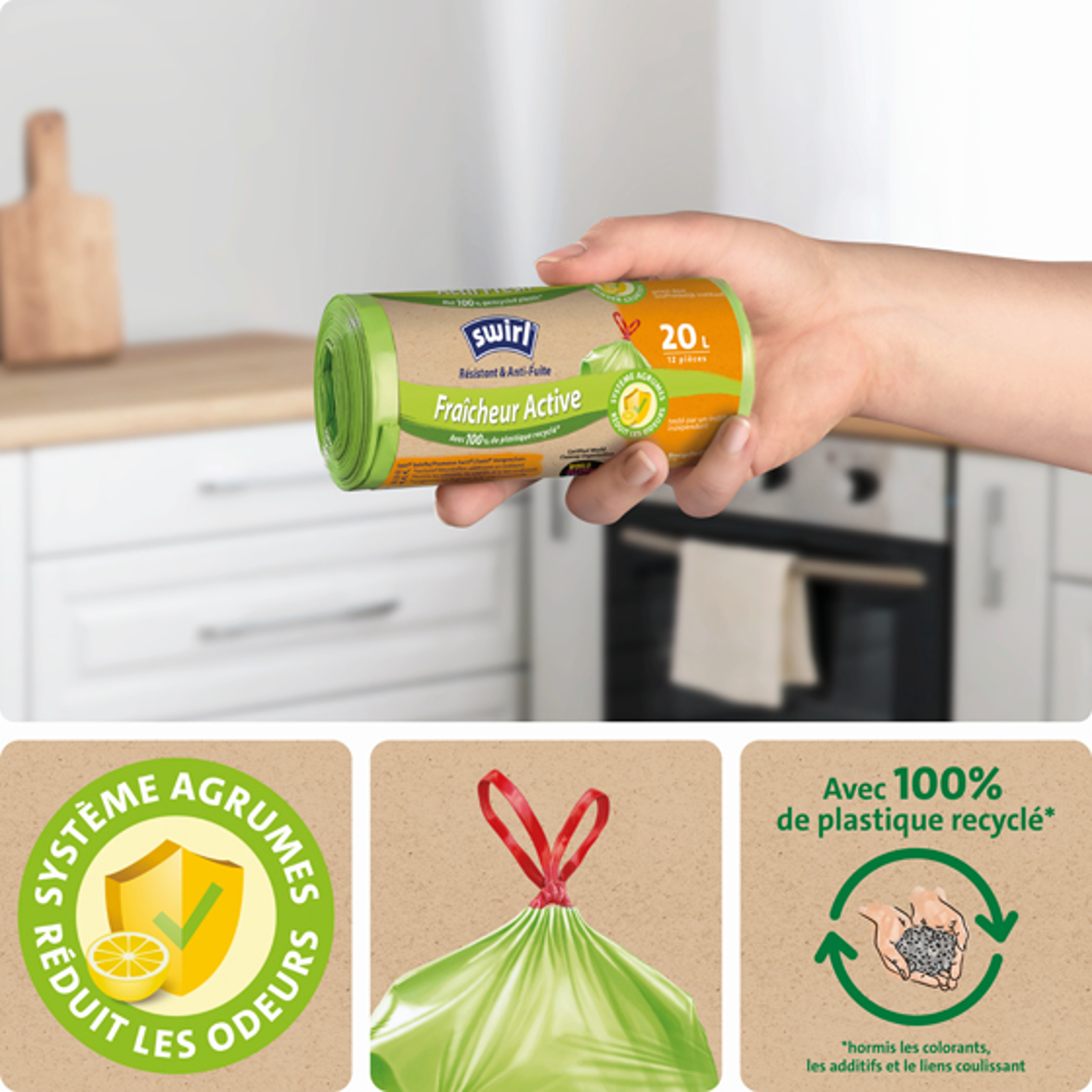  Rouleau de sacs poubelle Swirl fraîcheur active, capacité 35 L, 9 pièces, fabriqués avec 100 % de plastique recyclé.