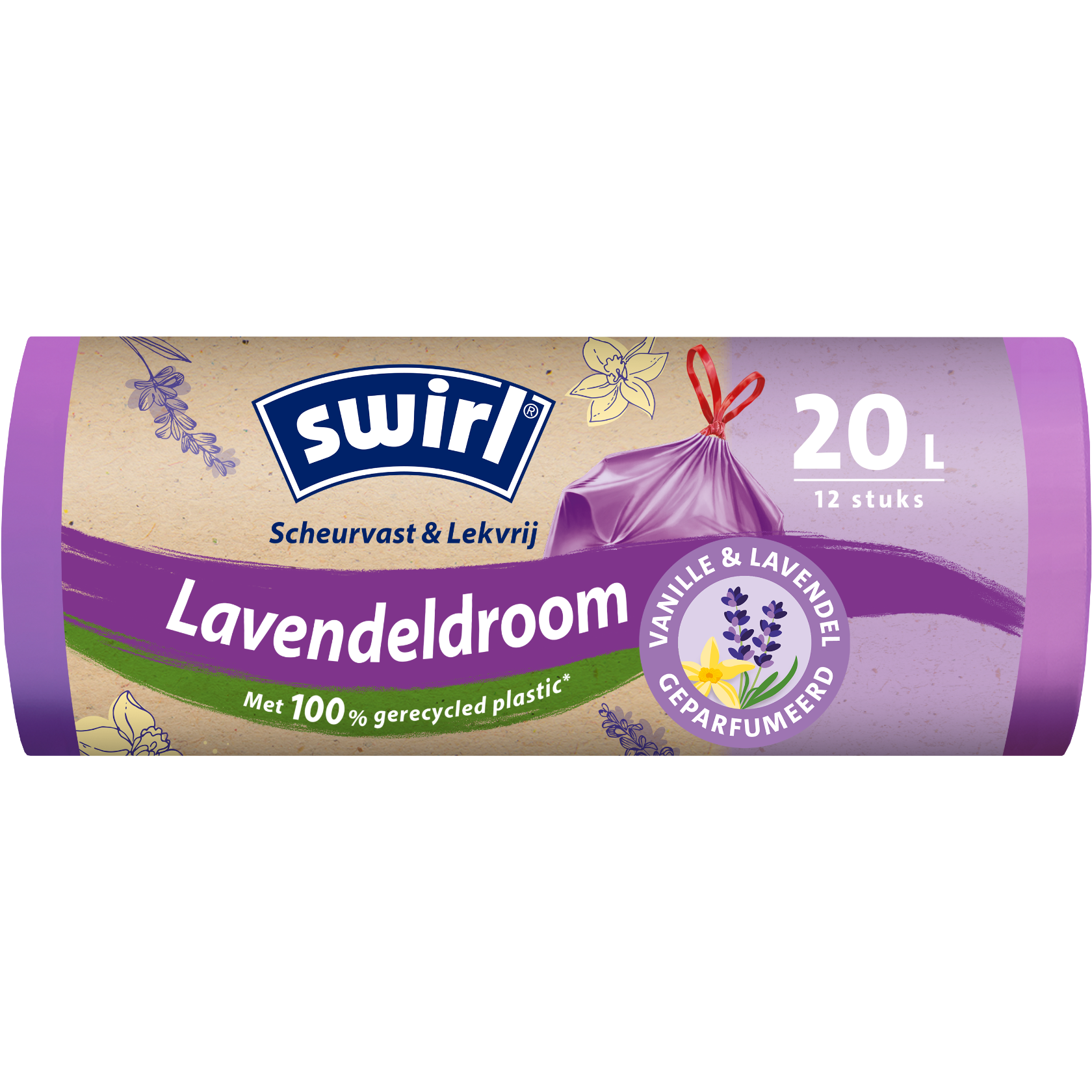 Swirl vanille-lavendel geurende vuilniszakken, voorkant van de verpakking - 20 liter