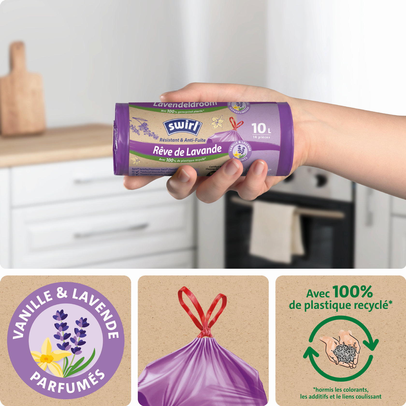 Rouleau de sacs poubelle Swirl parfumés 10L, résistants et anti‑fuite, fabriqués à partir de 100 % de plastique recyclé.