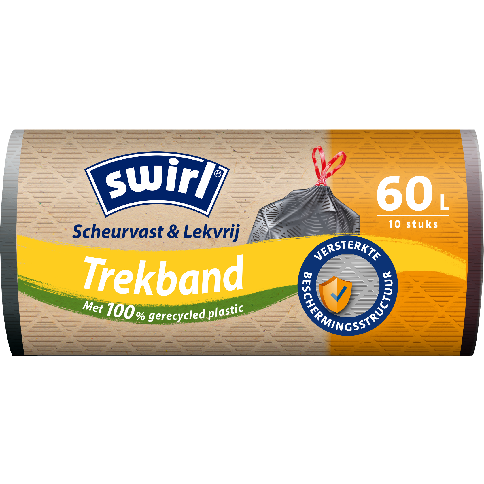 Swirl scheurvast en lekvrije vuilniszakken met trekband – voorzijde verpakking – 60 liter, 10 stuks