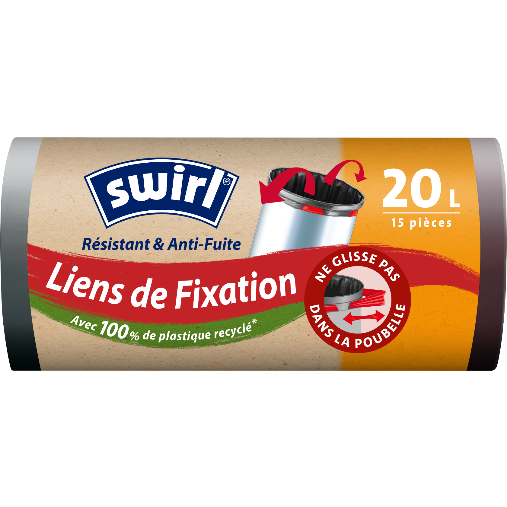 Rouleau de sacs poubelle Swirl avec liens de fixation, capacité 20L, 15 pièces, fabriqués avec 100% de plastique recyclé.