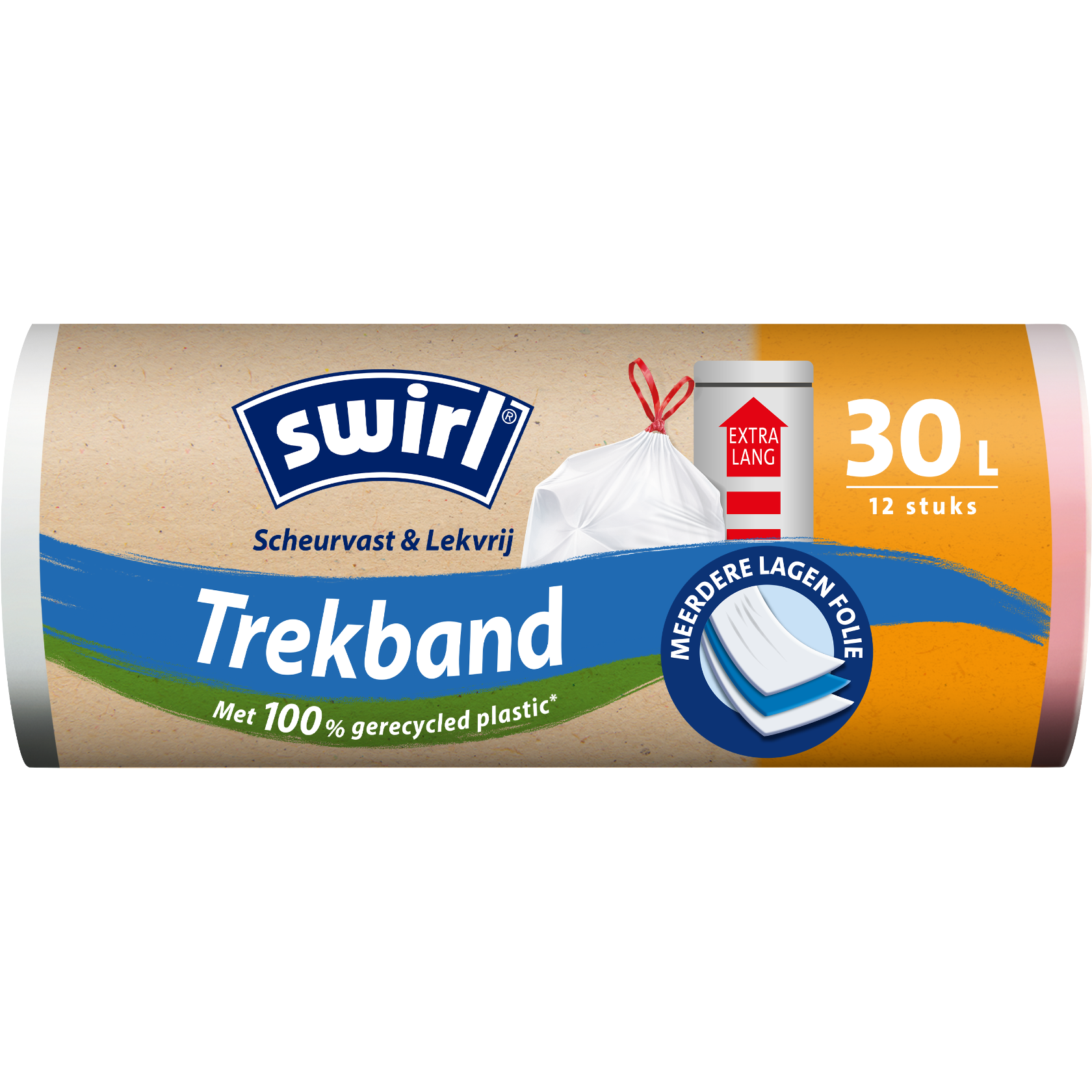 Swirl scheurvast en lekvrije vuilniszak met trekband – voorzijde verpakking – 30 liter