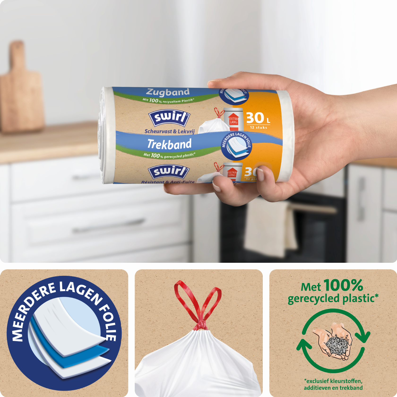 geëmbosseerde meerlaagse folie – extra sterk, trekkoord, 100% gerecycled plastic