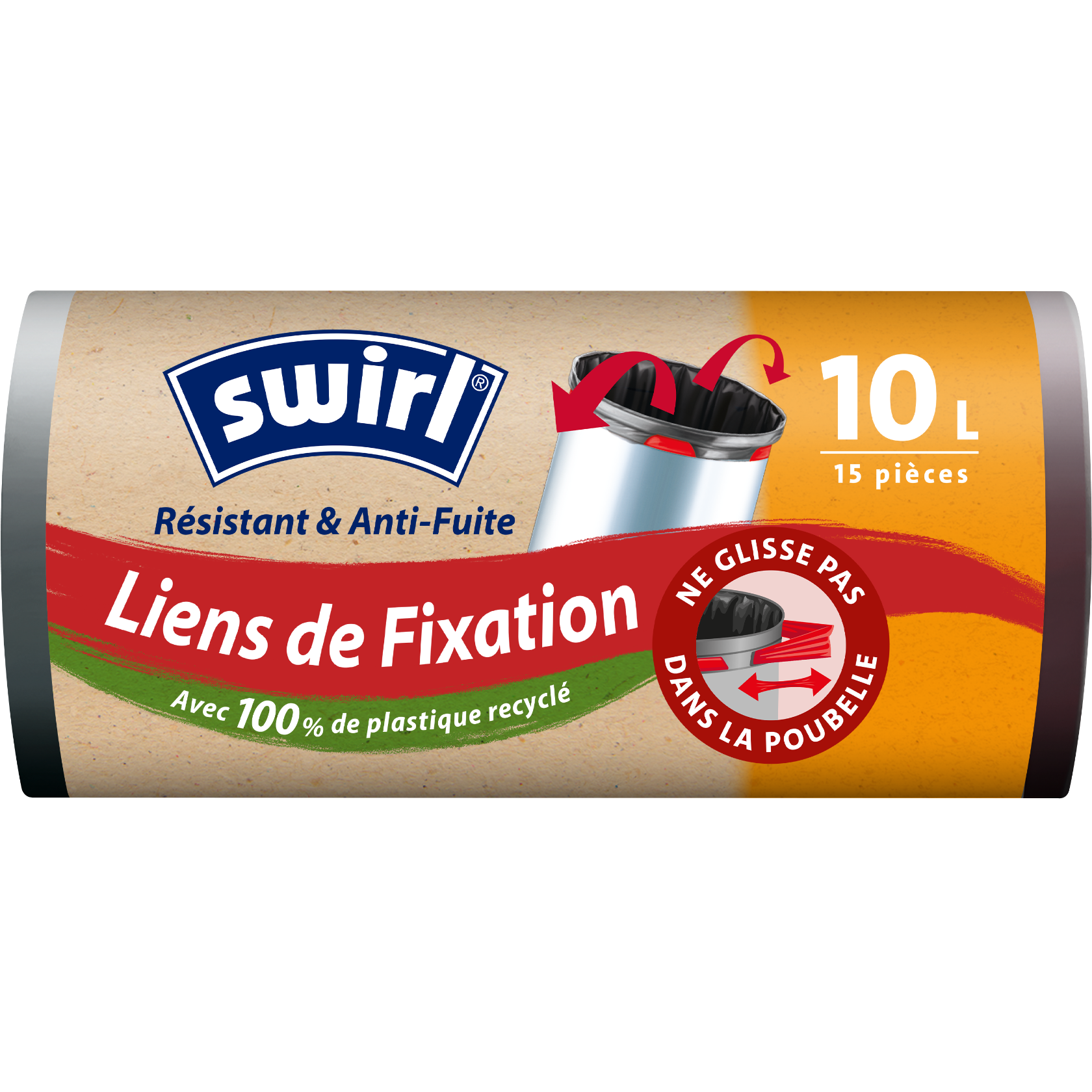 Rouleau de sacs poubelle Swirl avec liens de fixation, capacité 10L, 15 pièces, fabriqués avec 100% de plastique recyclé.