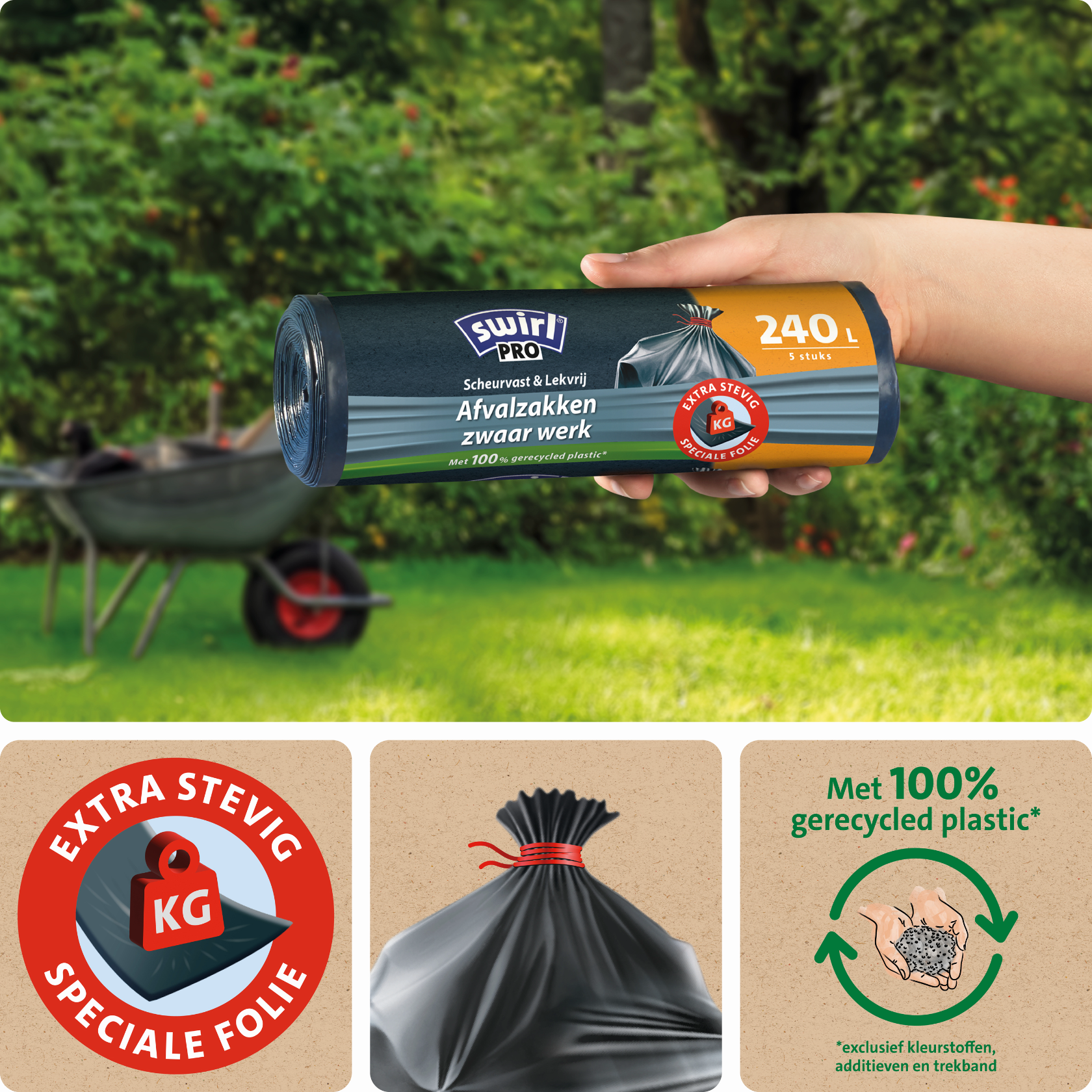 Hand die een rol Swirl-vuilniszakken vasthoudt in de tuin, met iconen voor extra stevig, volle zak en 100% recyclebaar.    Generated with AI