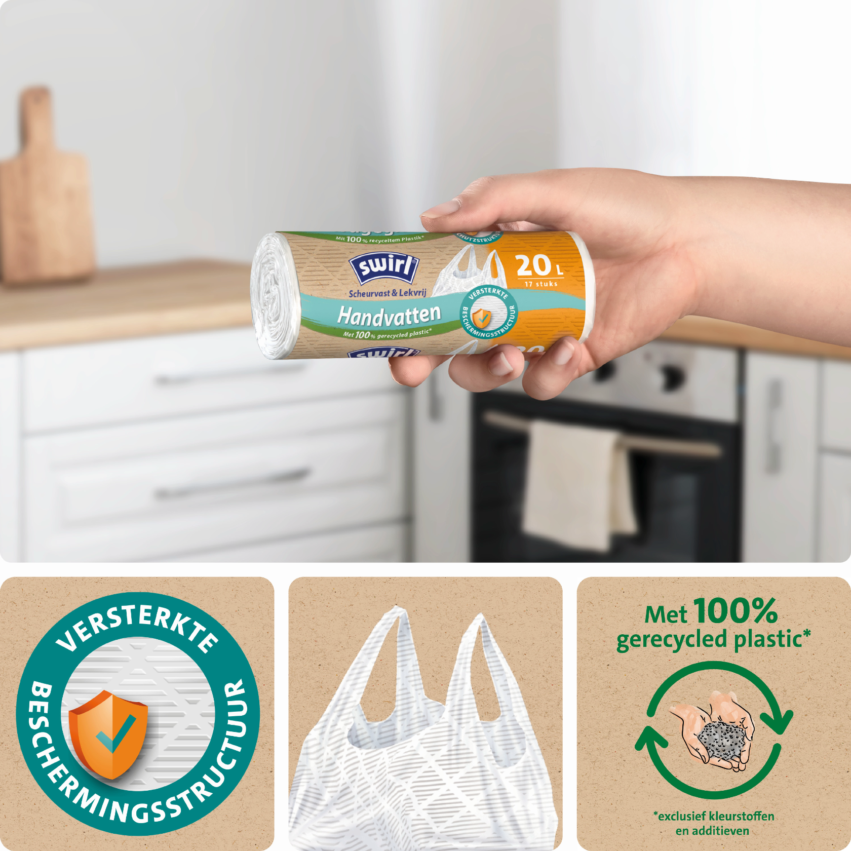  Rouleau de sacs poubelle Swirl avec poignées, capacité 20 L, 20 pièces, fabriqués avec 100 % de plastique recyclé, avec un badge “extra renforcé” sur la droite. 