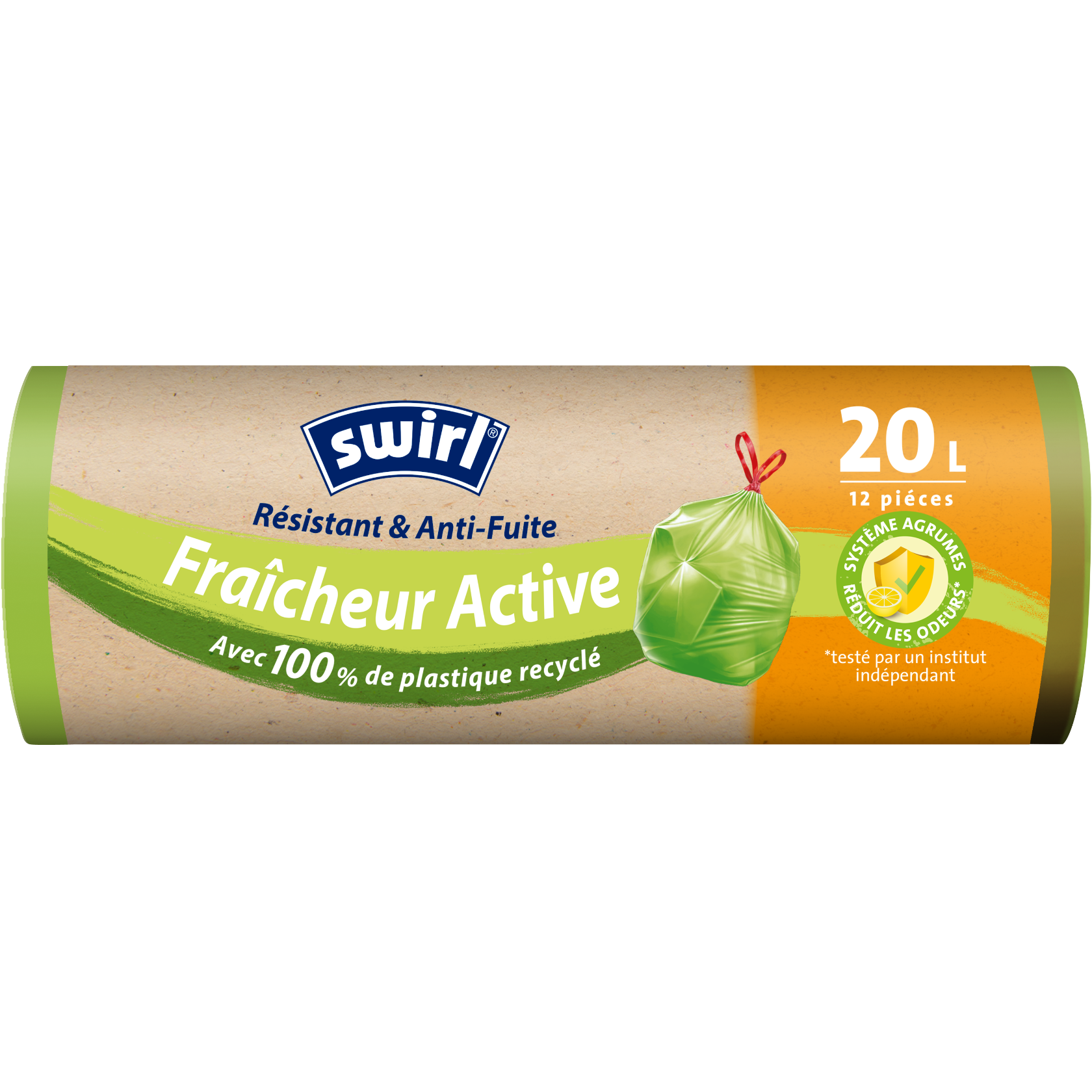  Rouleau de sacs poubelle Swirl fraîcheur active, capacité 20 L, 12 pièces, fabriqués avec 100 % de plastique recyclé.