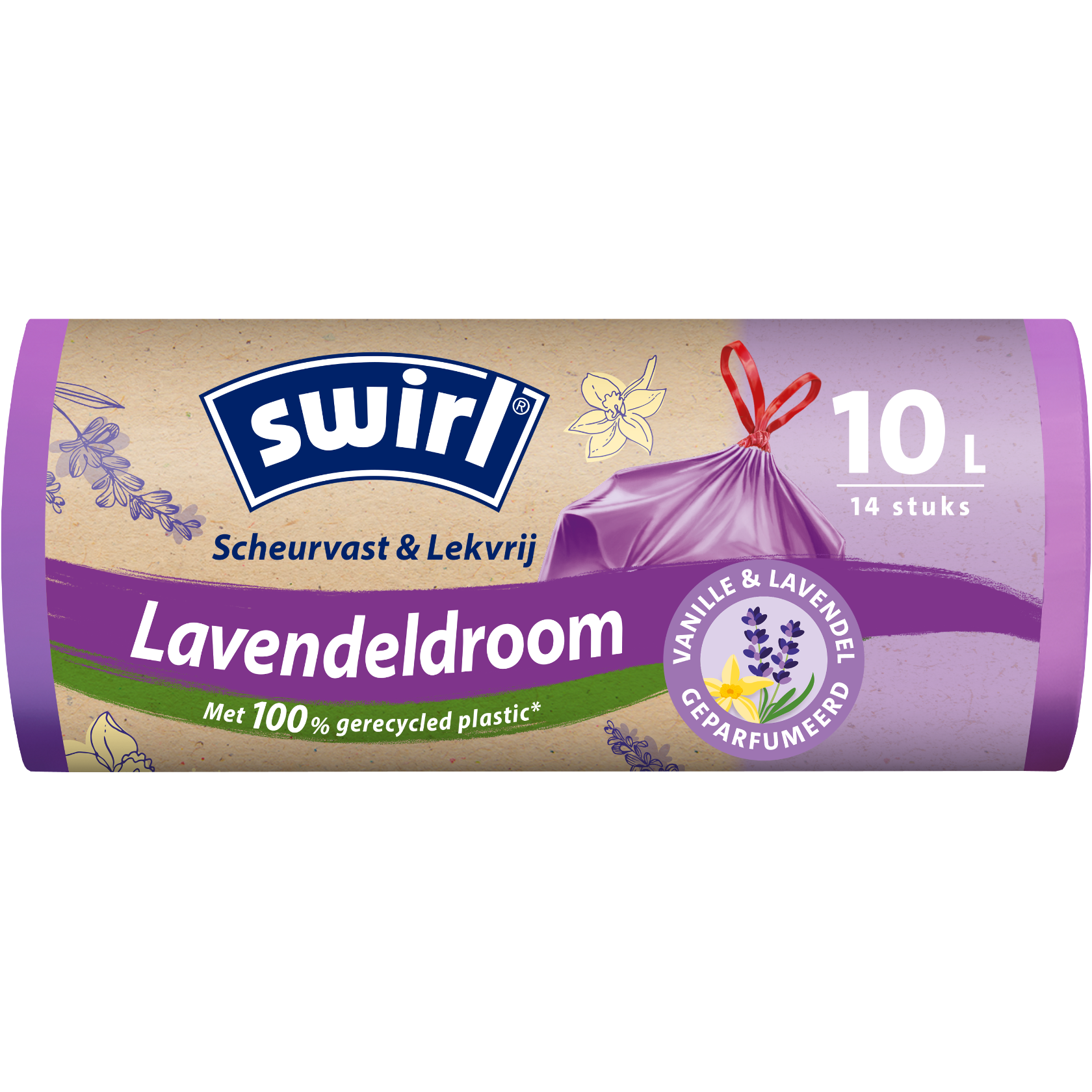 Swirl vuilniszakken met vanille-lavendelgeur, voorkant van de verpakking - 10 liter, 14 stuks