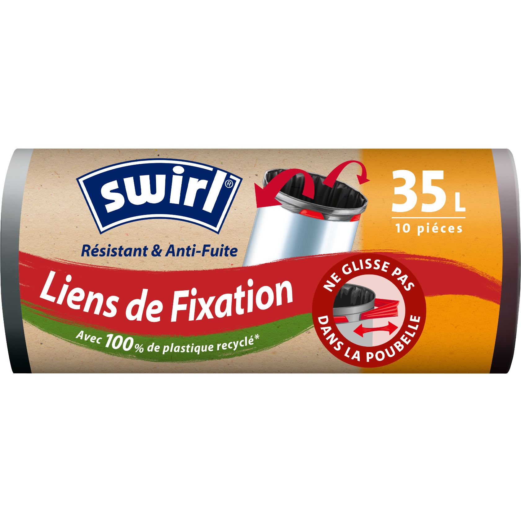 Rouleau de sacs poubelle Swirl avec liens de fixation, capacité 35L, 10 pièces, fabriqués avec 100% de plastique recyclé.