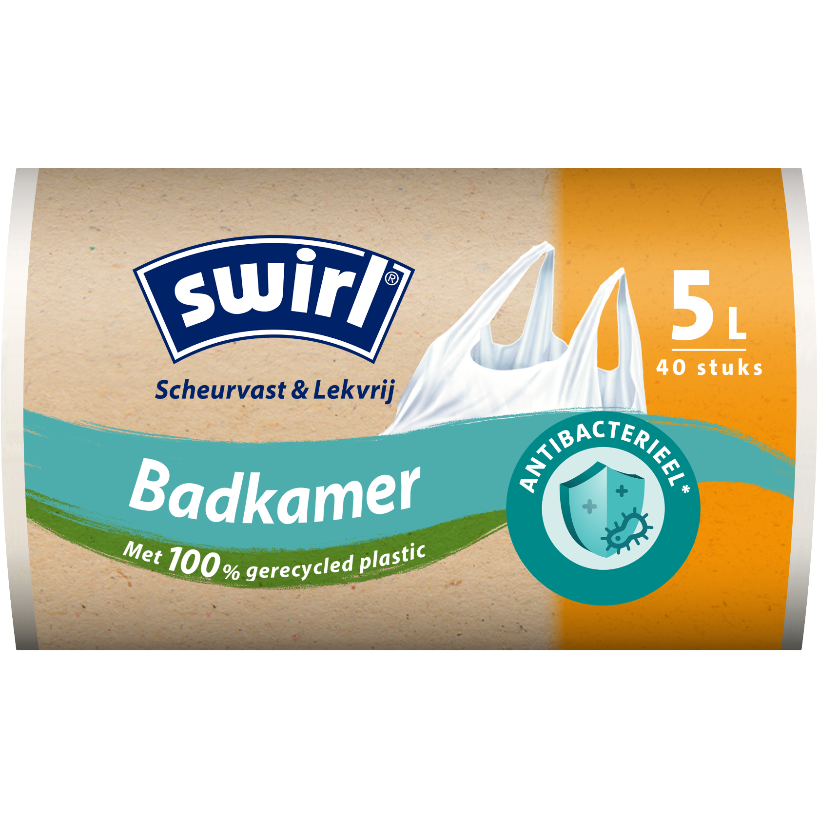 Swirl bad- en cosmetica-afvalzakken, verpakking voorkant - 5 liter, 40 zakken