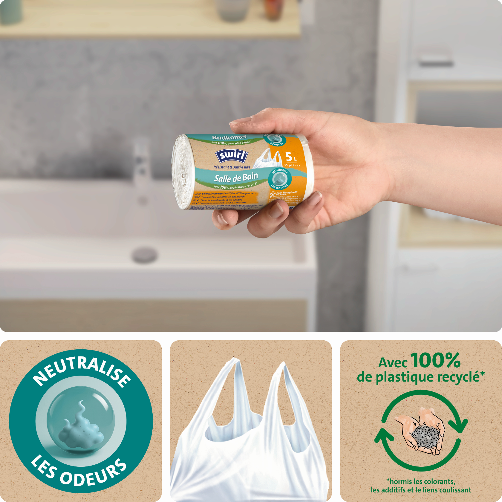 Rouleau de sacs poubelle Swirl Salle de Bain 10 L, résistants et anti‑fuite, en plastique 100 % recyclé.