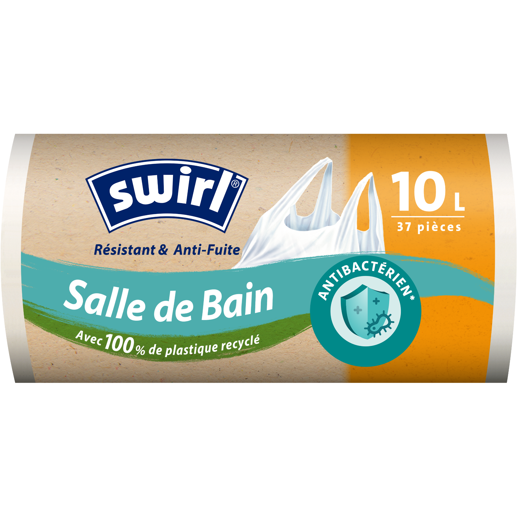 Rouleau de sacs poubelle Swirl Salle de Bain 10 L, résistants et anti‑fuite, en plastique 100 % recyclé.