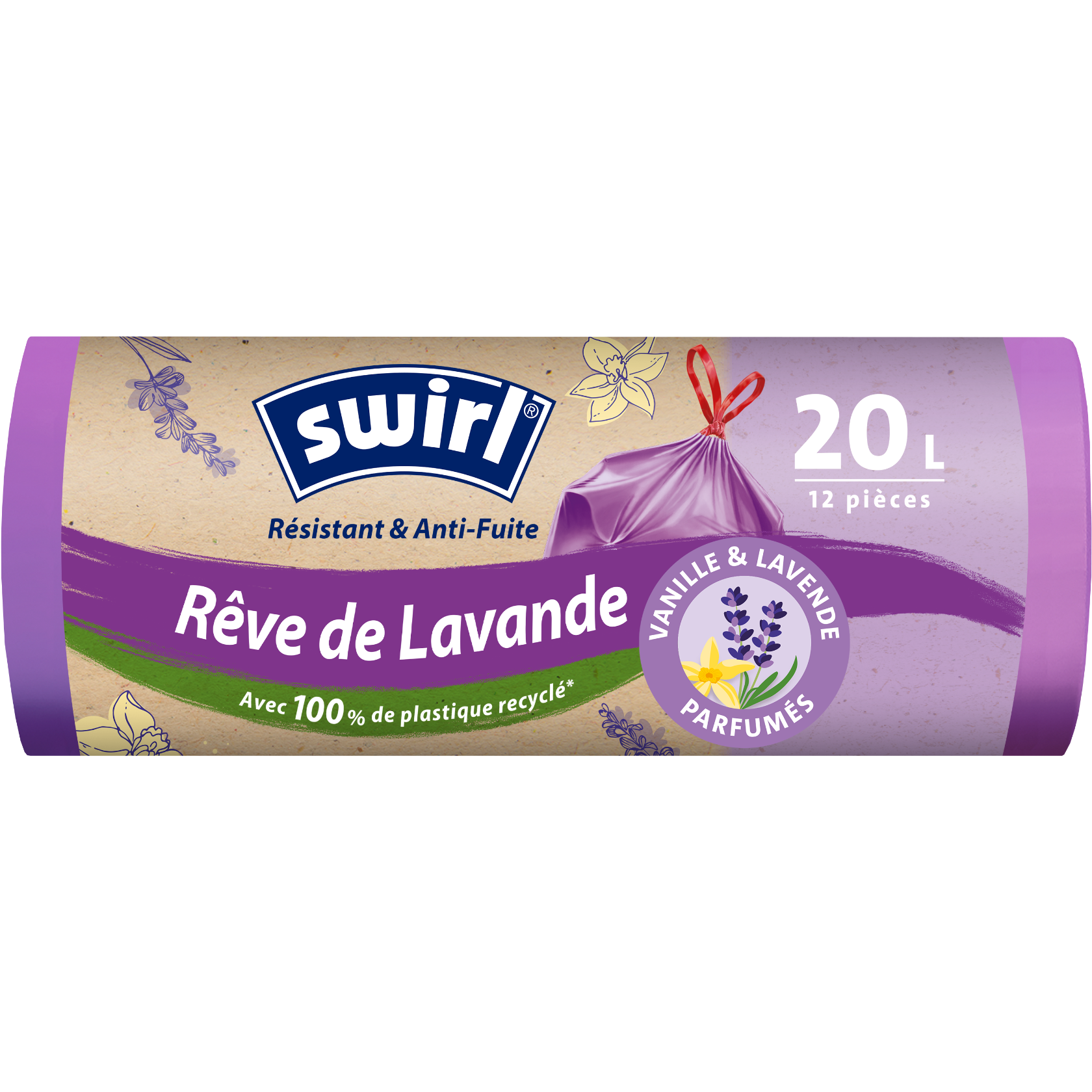 Rouleau de sacs poubelle Swirl parfumés 20L, résistants et anti‑fuite, fabriqués à partir de 100 % de plastique recyclé.