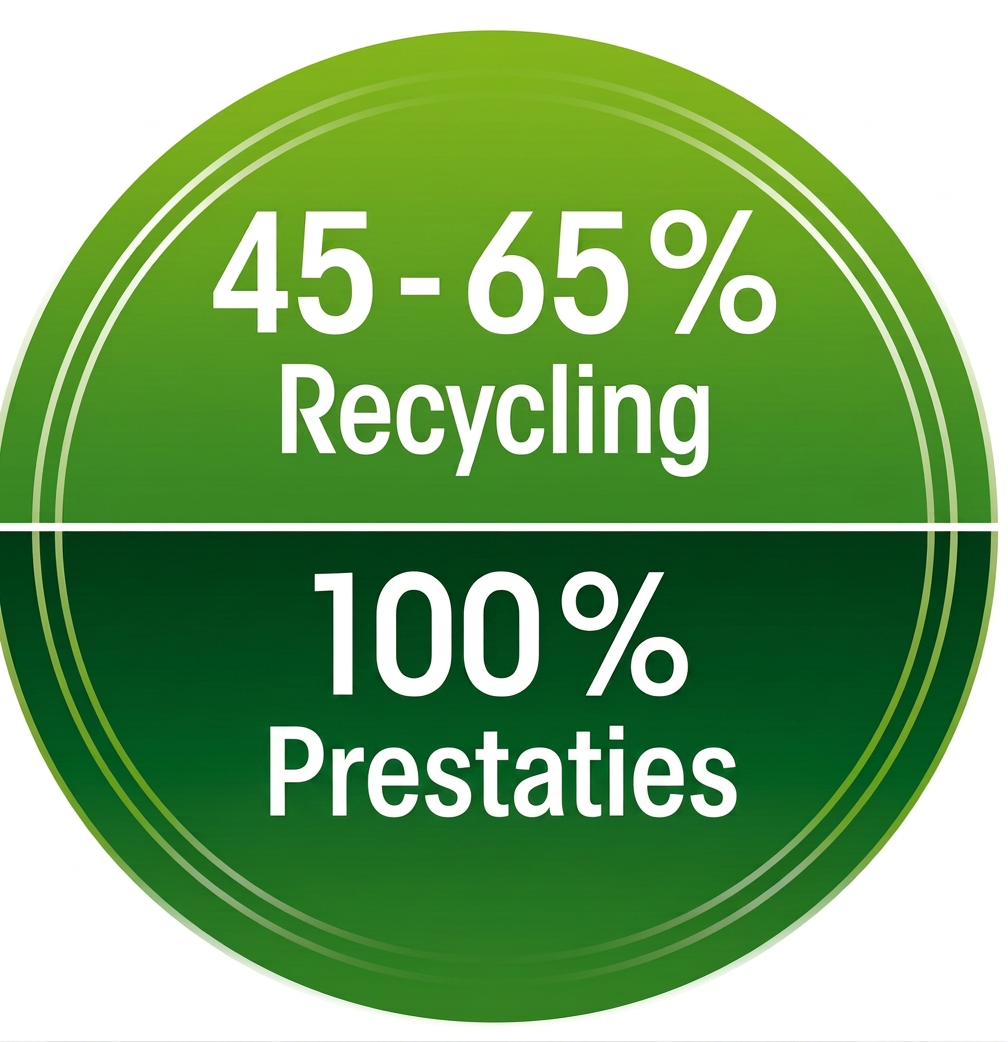 45 tot 65 procent gerecycled materiaal bij 100 procent prestatie