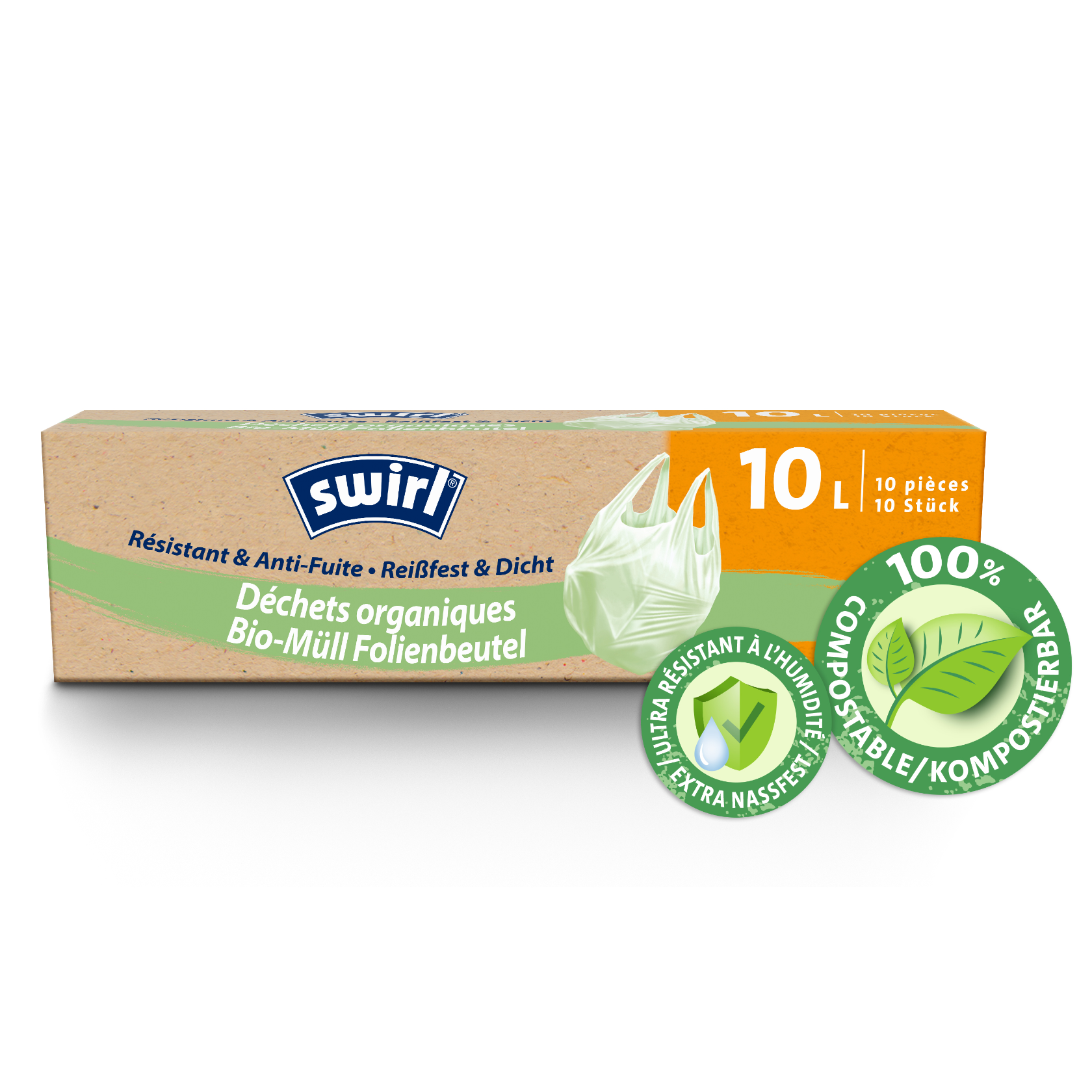 Boîte de sacs poubelle Swirl pour déchets organiques 20L, résistants et anti‑fuite, 100% compostable