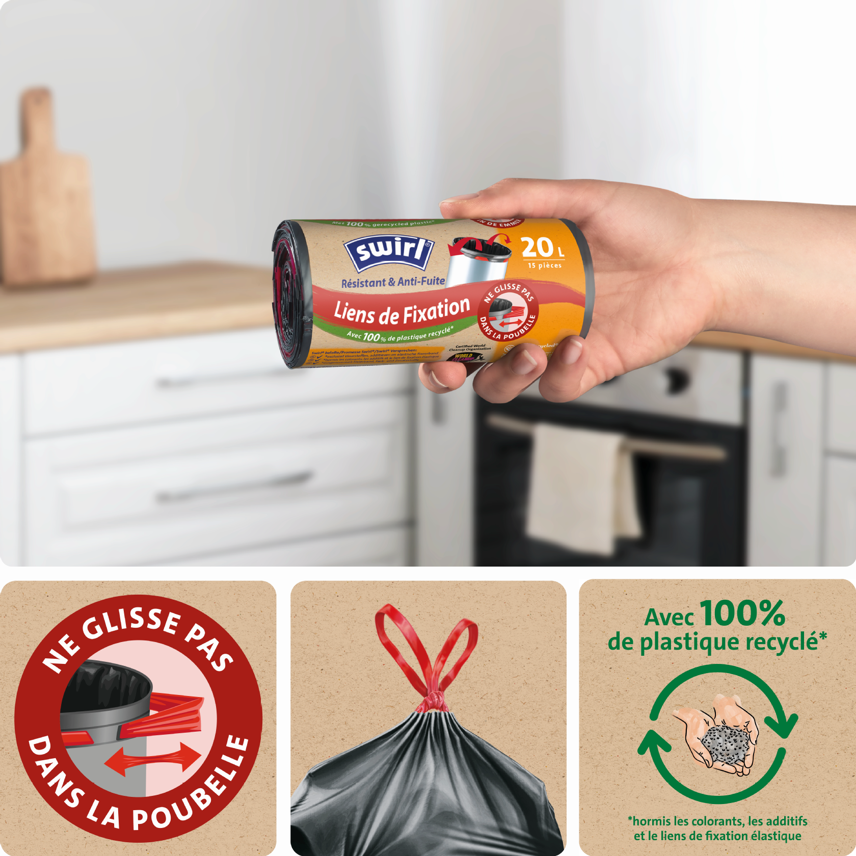 Fixation sûre sur le seau, cordon de serrage, plastique 100 % recyclé