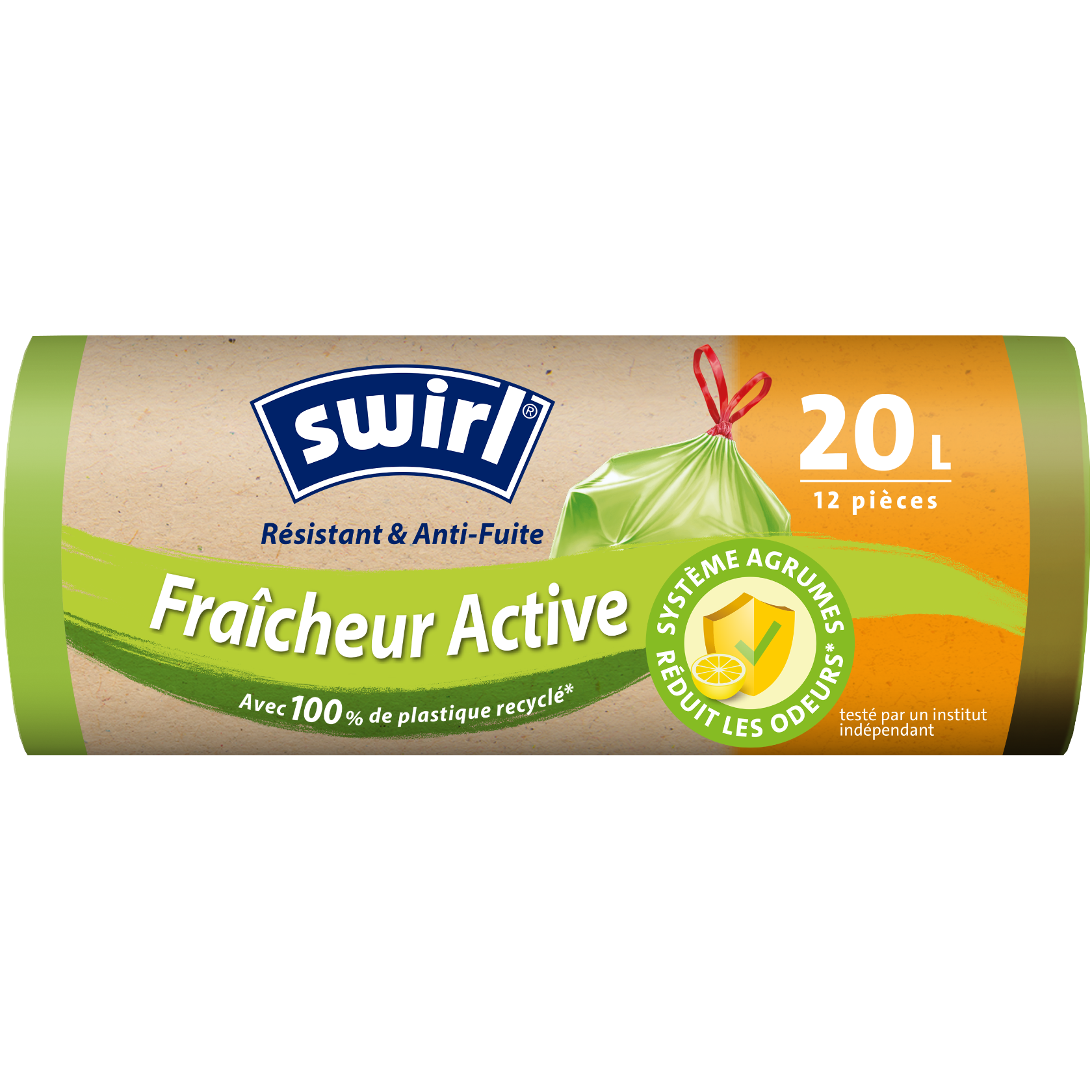  Rouleau de sacs poubelle Swirl fraîcheur active, capacité 20 L, 12 pièces, fabriqués avec 100 % de plastique recyclé.