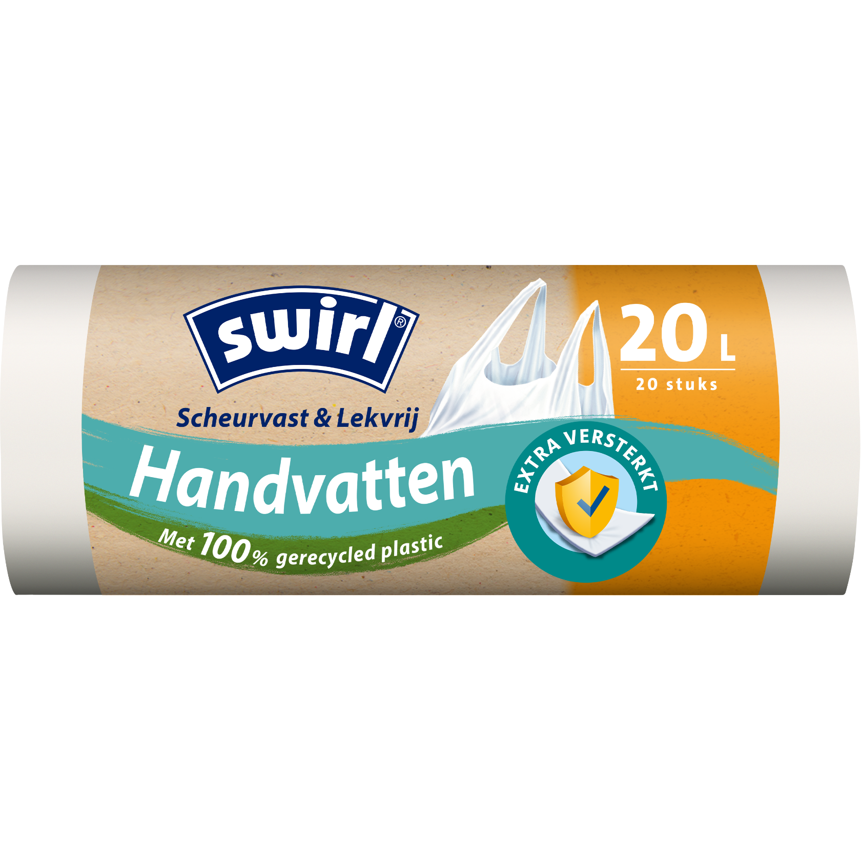 Swirl scheurvaste en lekvrije vuilniszakken met handvat – voorzijde verpakking – 20 liter, 20 stuks
