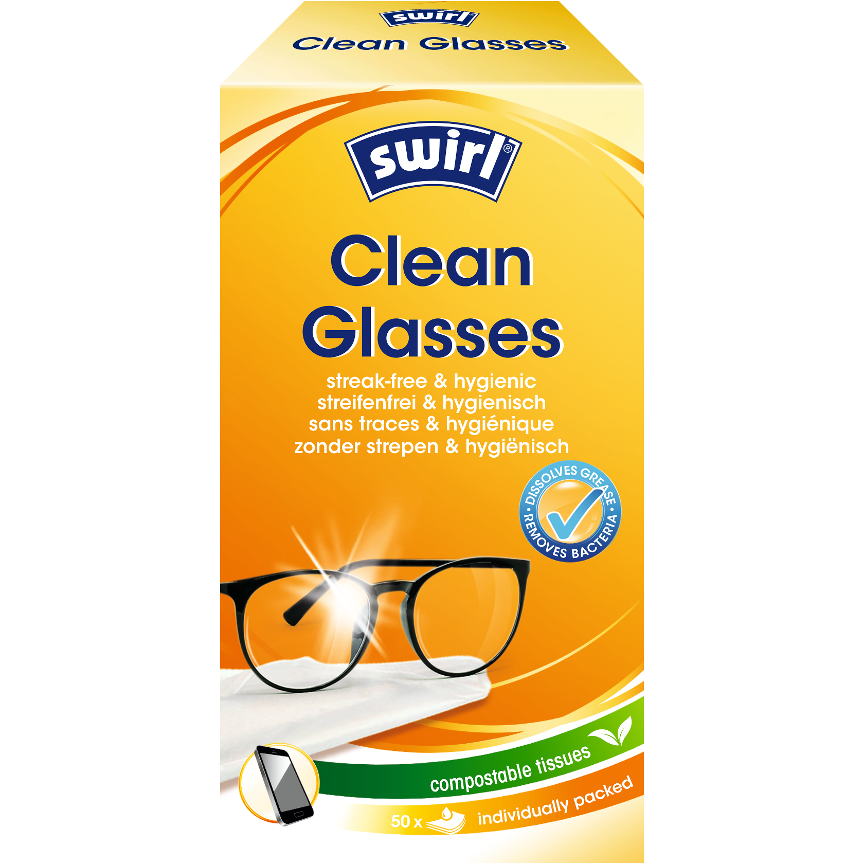 Lingettes nettoyantes Swirl Clean Glasses, 50 lingettes emballées individuellement.