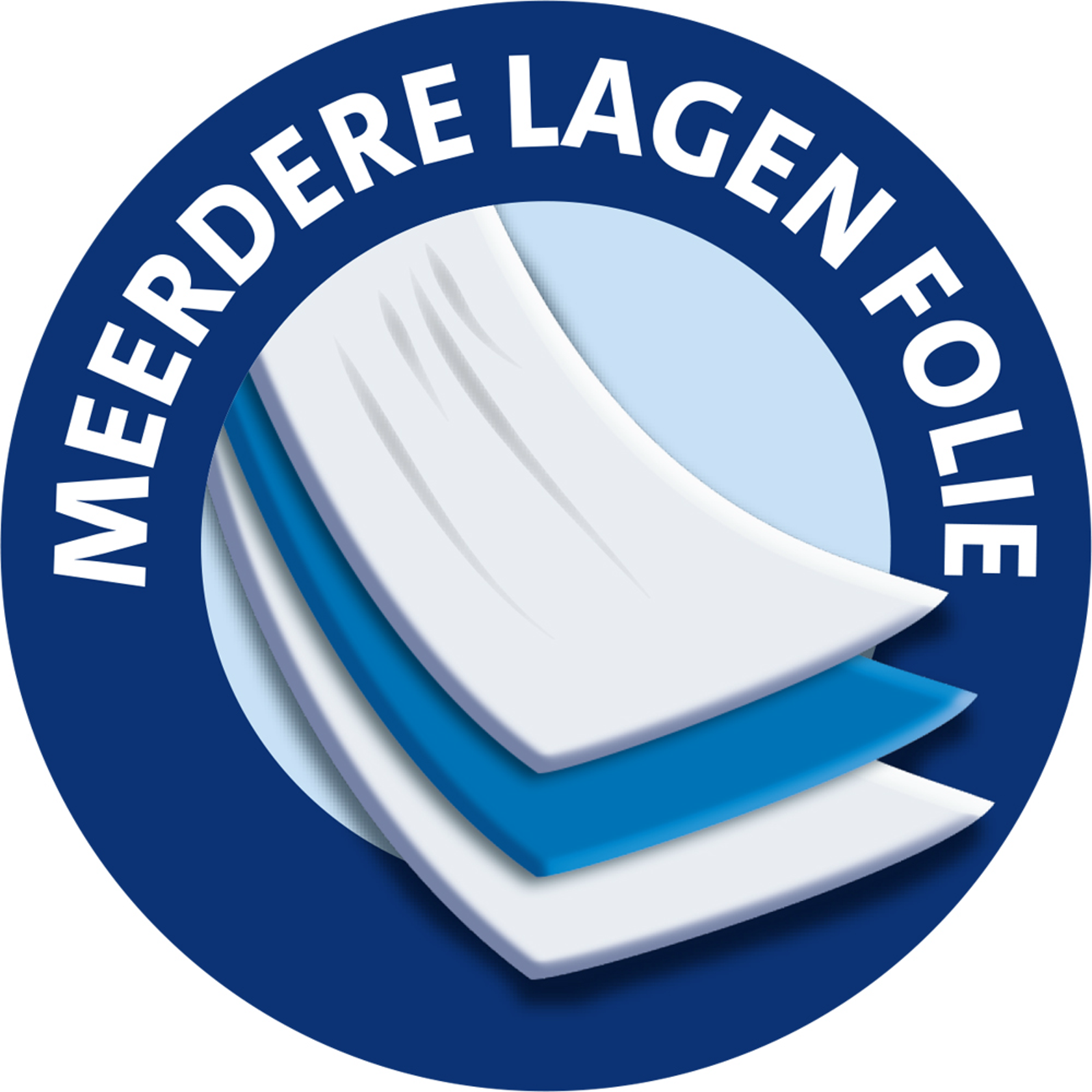 Icoon van een donkerblauw rond label met de tekst “MEERDERE LAGEN FOLIE” en een stapel overlappende witte en blauwe folielagen in het midden.  