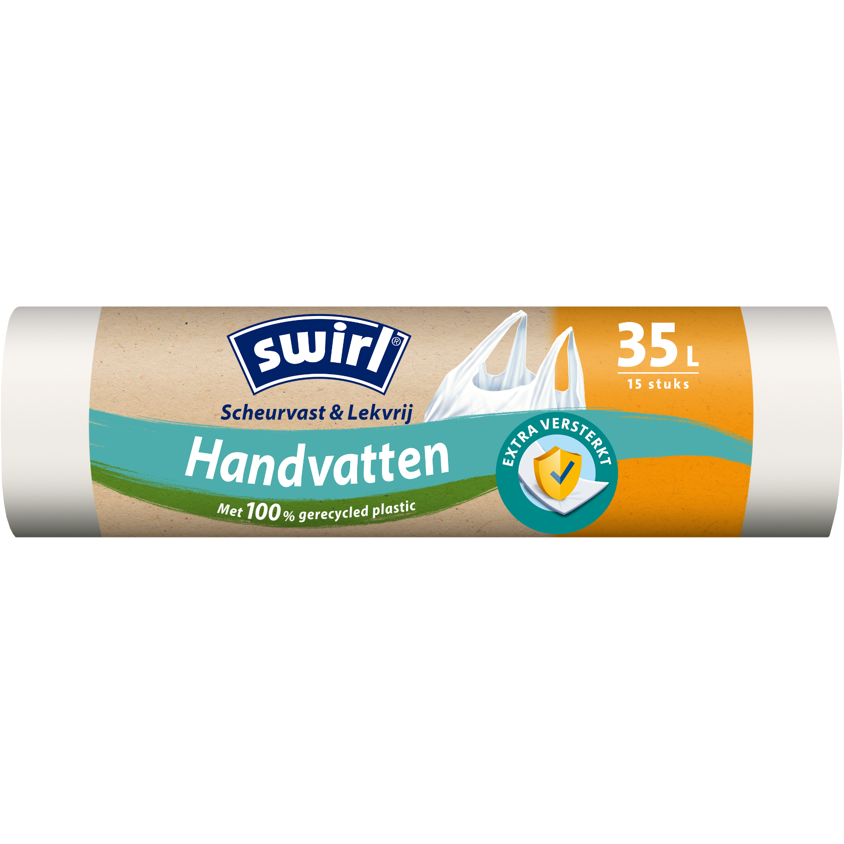 Swirl scheurvast en lekdicht vuilniszakken met draaggreep, verpakking voorkant - 35 liter, 15 stuks