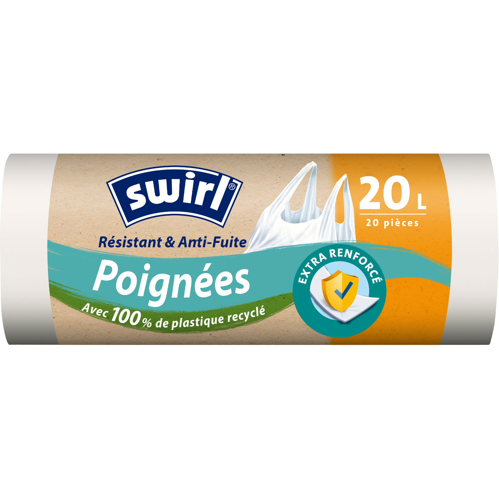  Rouleau de sacs poubelle Swirl avec poignées, capacité 20 L, 20 pièces, fabriqués avec 100 % de plastique recyclé, avec un badge “extra renforcé” sur la droite. 