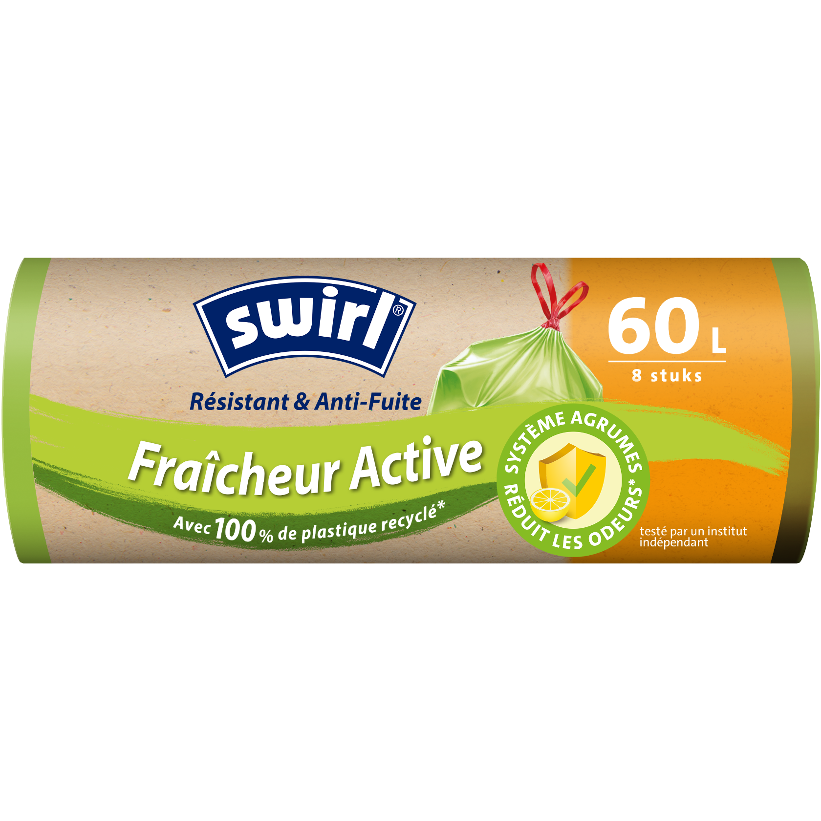  Rouleau de sacs poubelle Swirl fraîcheur active, capacité 20 avec 100 % de plastique recyclé.