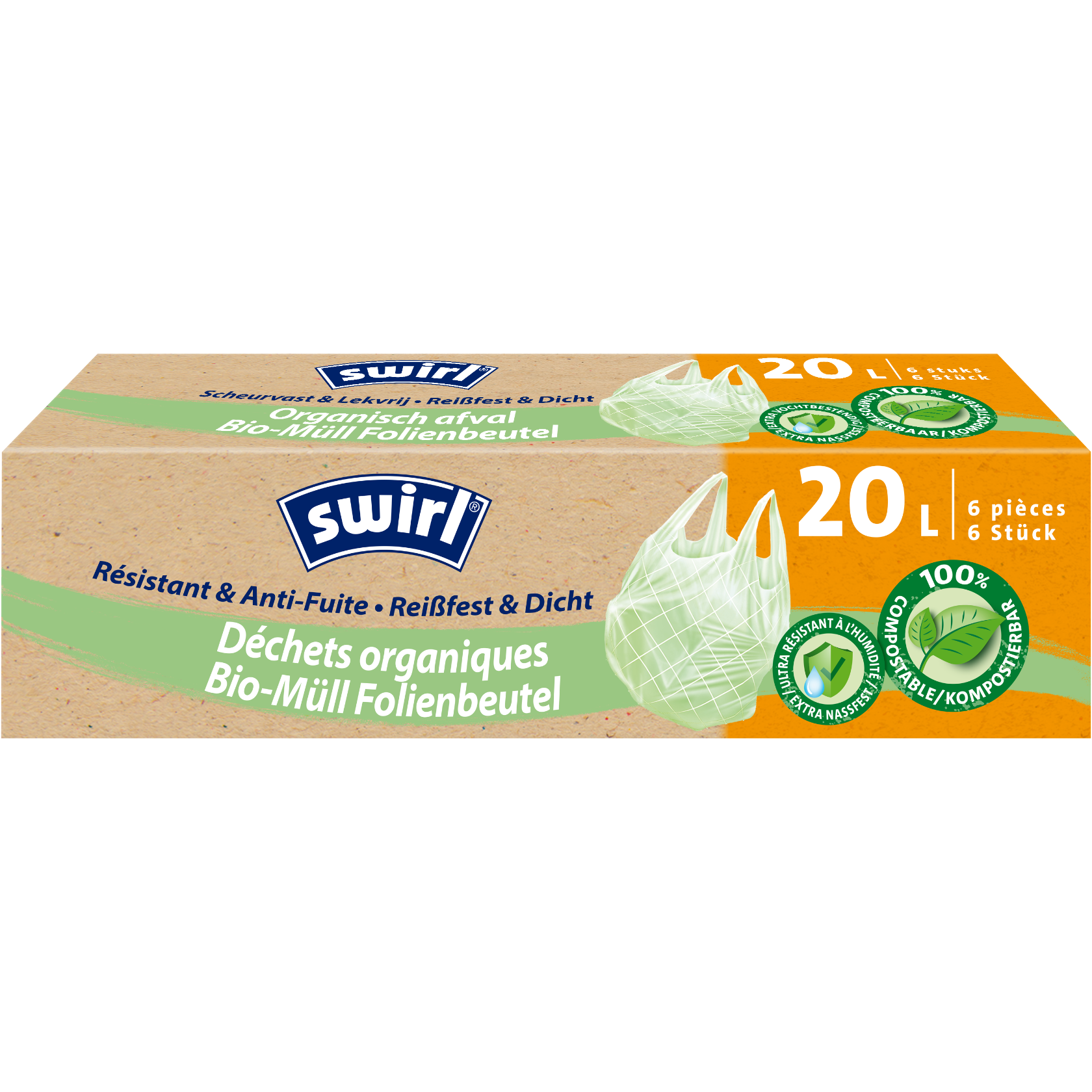 Boîte de sacs poubelle Swirl pour déchets organiques 20L, résistants et anti‑fuite. 100% compostable