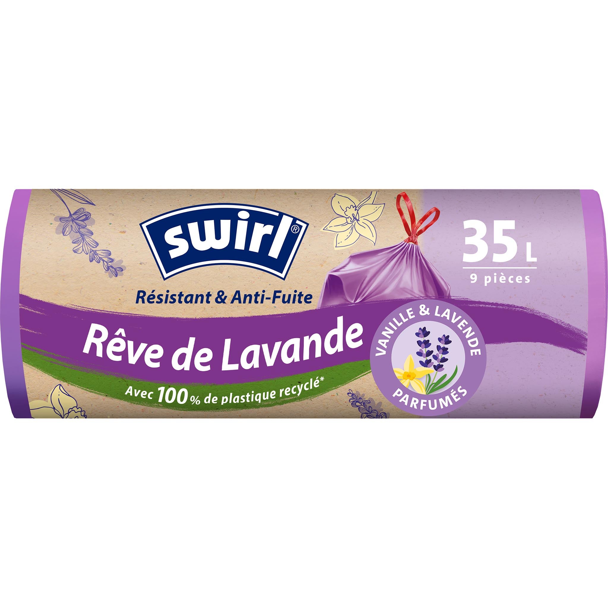 Rouleau de sacs poubelle Swirl parfumés 20L, résistants et anti‑fuite, fabriqués à partir de 100 % de plastique recyclé.