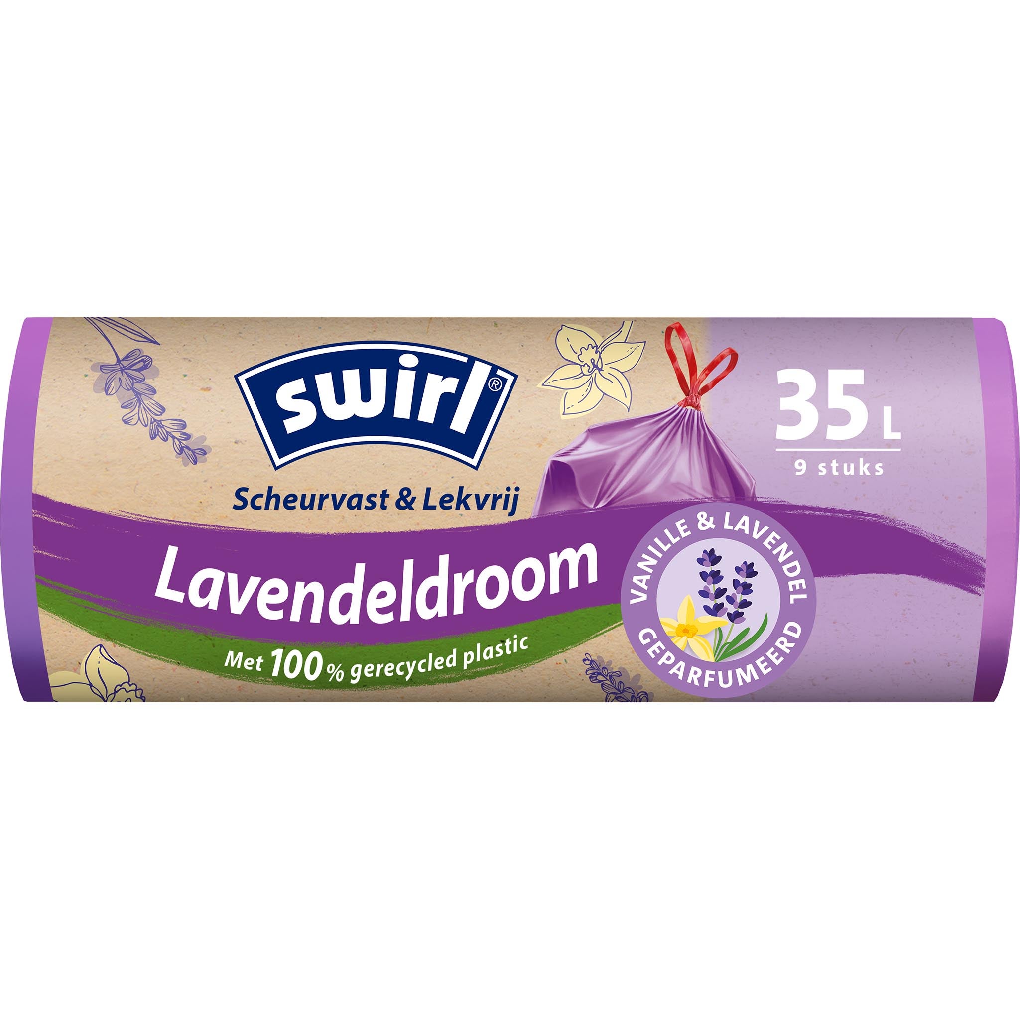 Swirl-vuilniszakken met vanille-lavendelgeur – voorkant verpakking – 20 liter