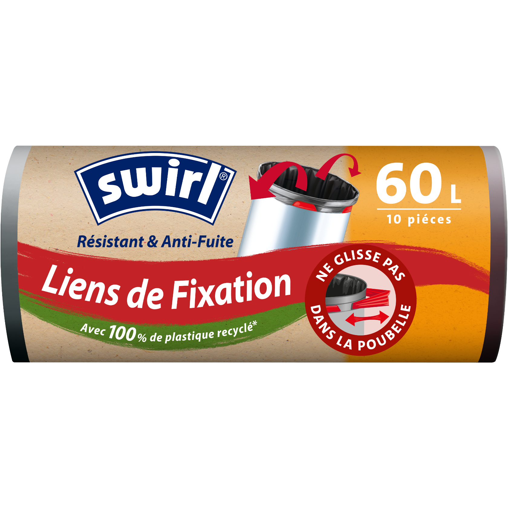 Rouleau de sacs poubelle Swirl avec liens de fixation, capacité 35 L, 10 pièces, fabriqués avec 100% de plastique recyclé.