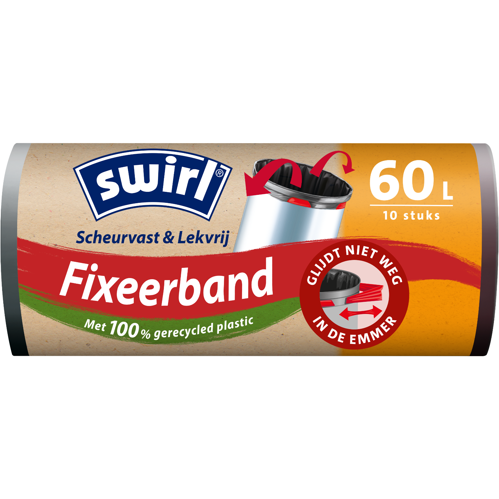 Verpakking van Swirl Fixierband voor afvalzakken, 60 liter, 10 stuks.  
