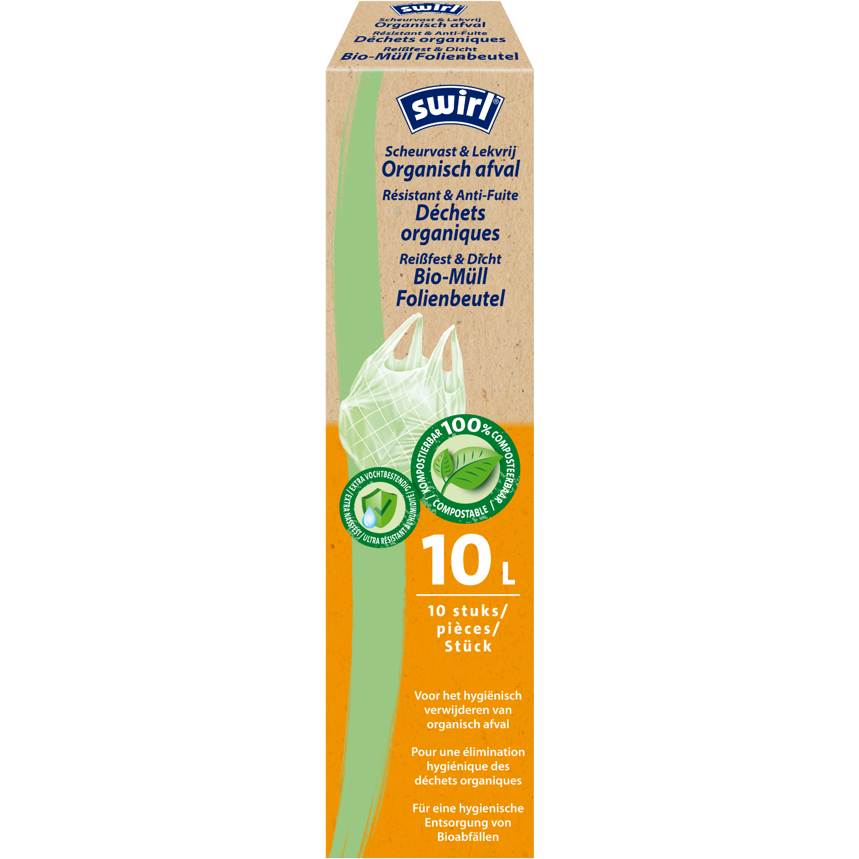 Verpakking van Swirl organische afval bio-afvalzakken, 10 liter, met groene eco-labels die 100% composteerbaarheid en duurzaamheid benadrukken.  