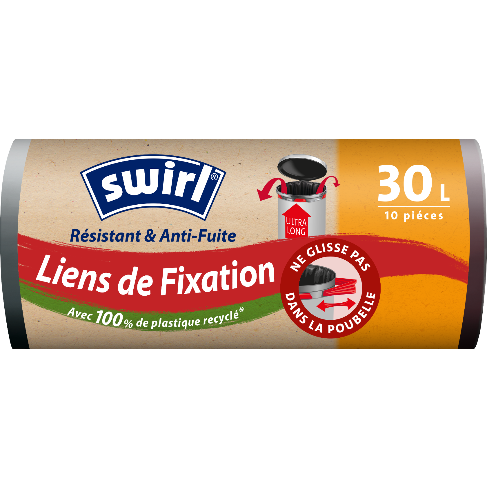 Rouleau de sacs poubelle Swirl avec liens de fixation, capacité 30L, 10 pièces, fabriqués avec 100% de plastique recyclé.
