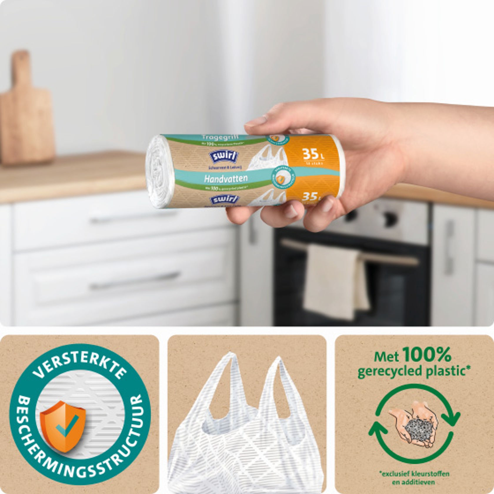 extra verstevigde folie, draaggreep, 100% gerecycled plastic