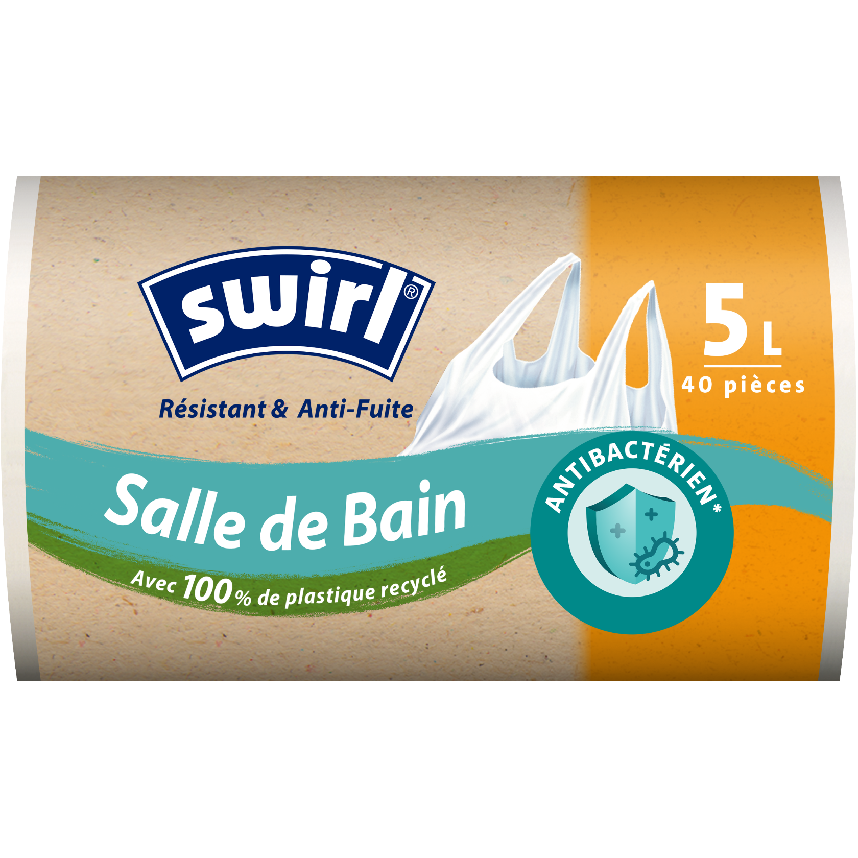 Rouleau de sacs poubelle Swirl Salle de Bain 5L, résistants et anti‑fuite, en plastique 100 % recyclé.