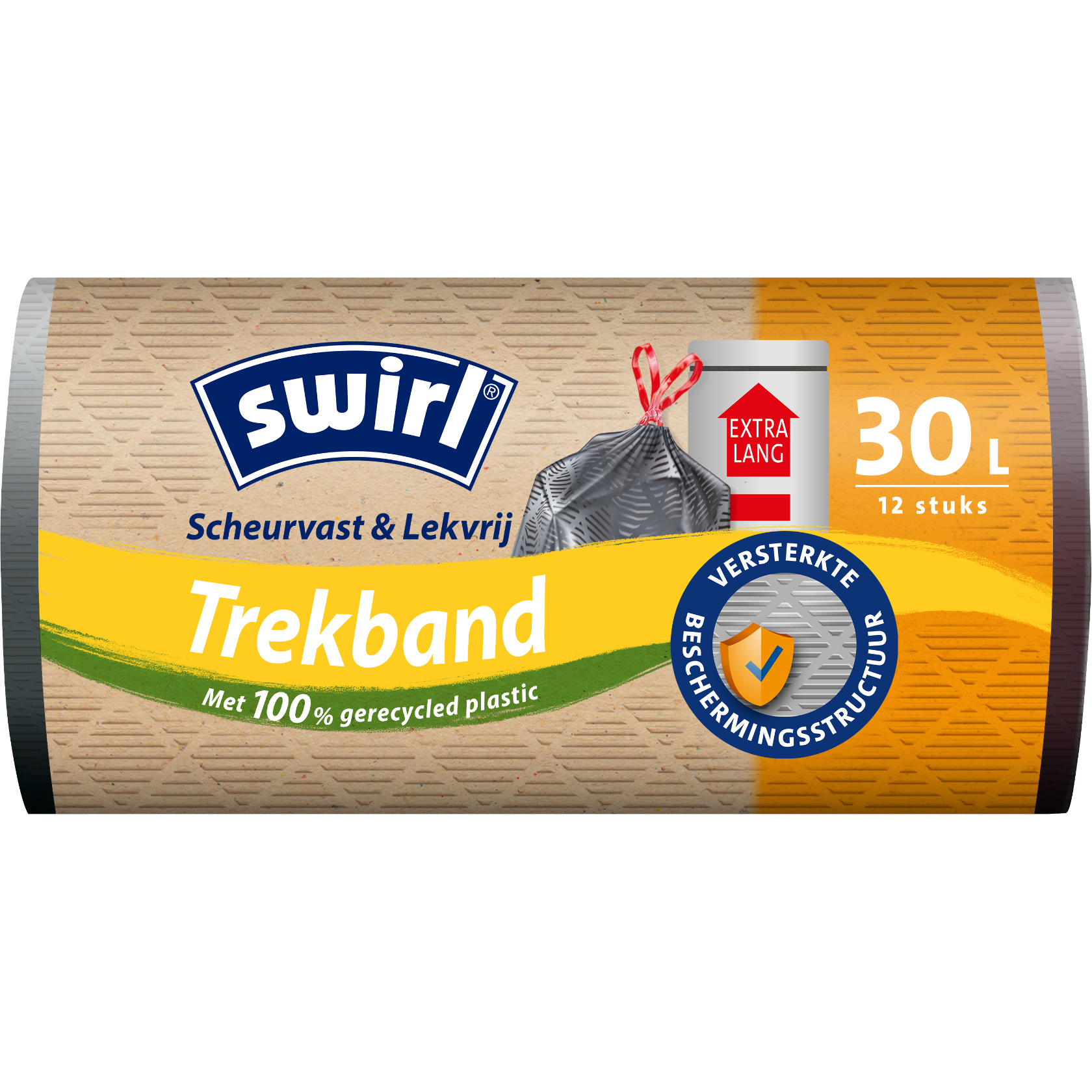 Verpakking van Swirl Fixeerband vuilniszakken, 35 liter, 10 stuks, dat toont dat de zak niet wegglijdt in de emmer.  