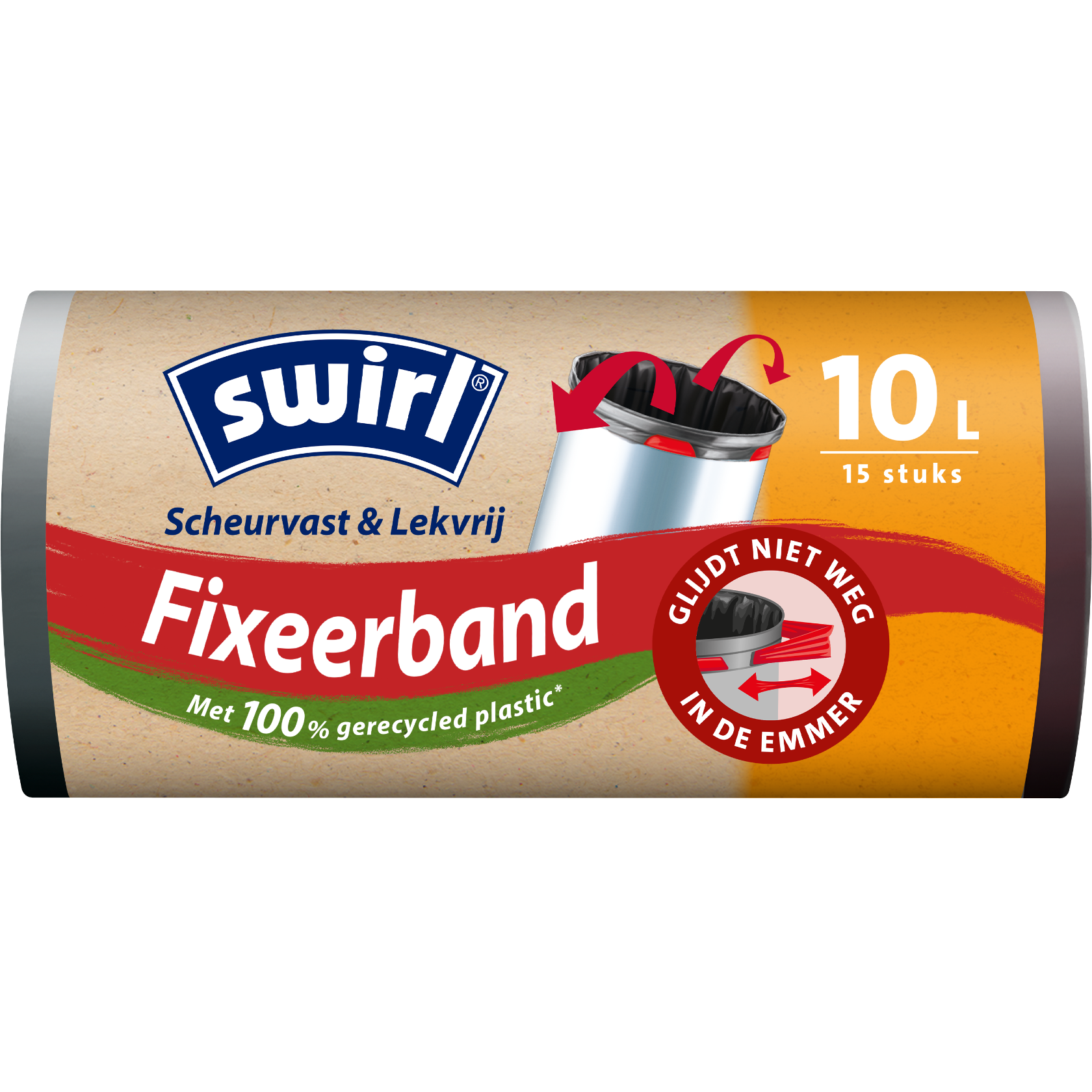 Swirl-afvalzakken met sluitband, verpakking voorkant - 10 liter, 15 zakken