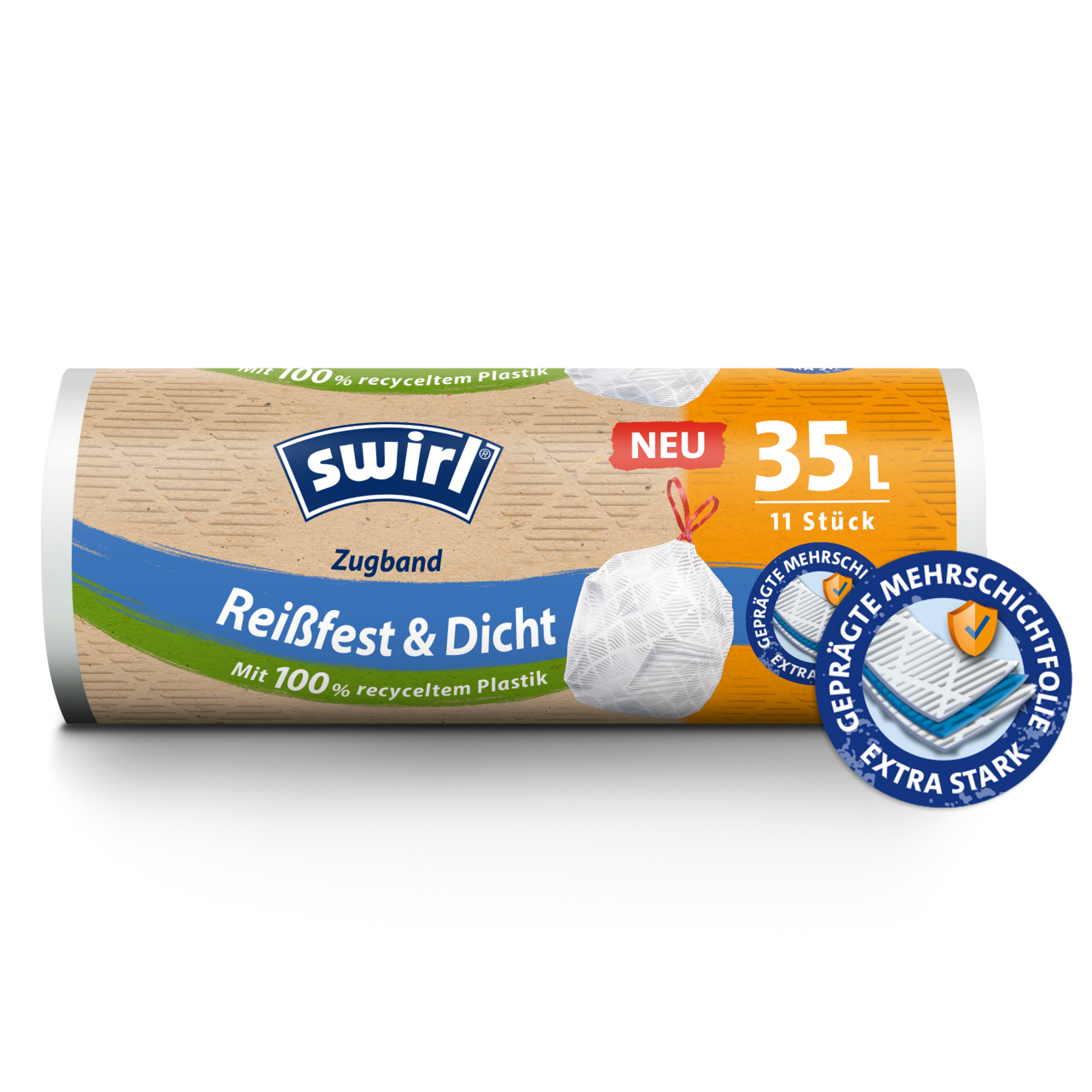 Swirl reißfest und dicht Zugband-Müllbeutel Verpackung Vorderseite - 35 Liter